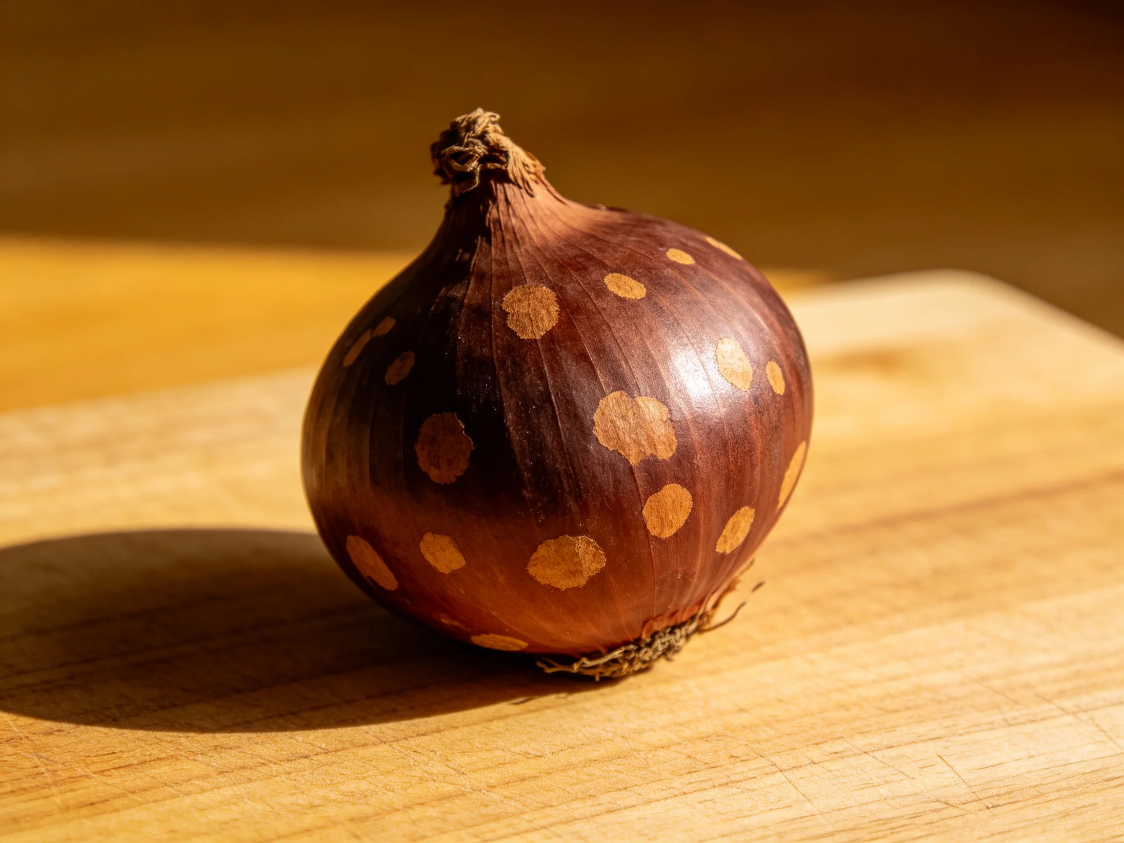 A brown onion with orange spots positioned on a wooden cutting board