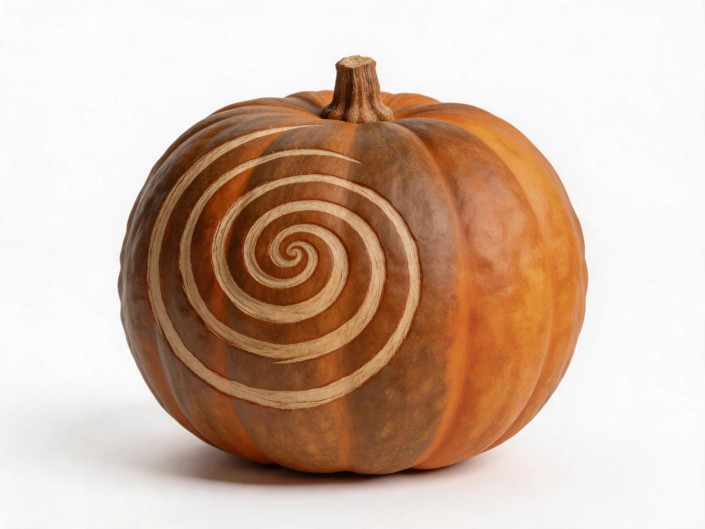 A brown-orange pumpkin with an intricately carved spiral design