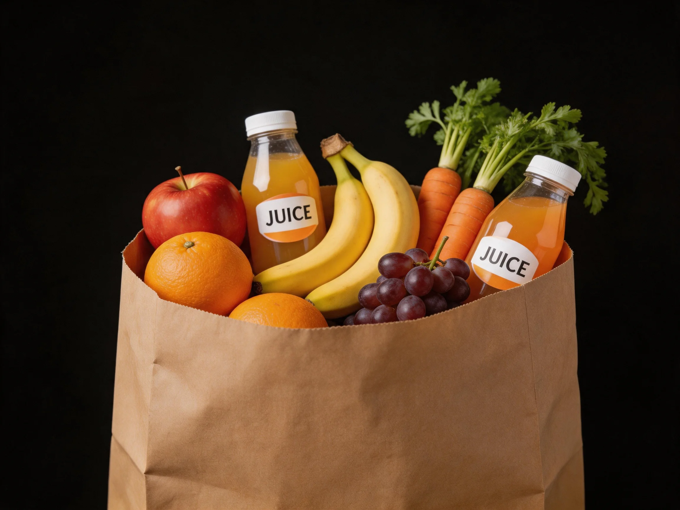 A brown paper bag holds apples, oranges, bananas, grapes, carrots, and two juice bottles