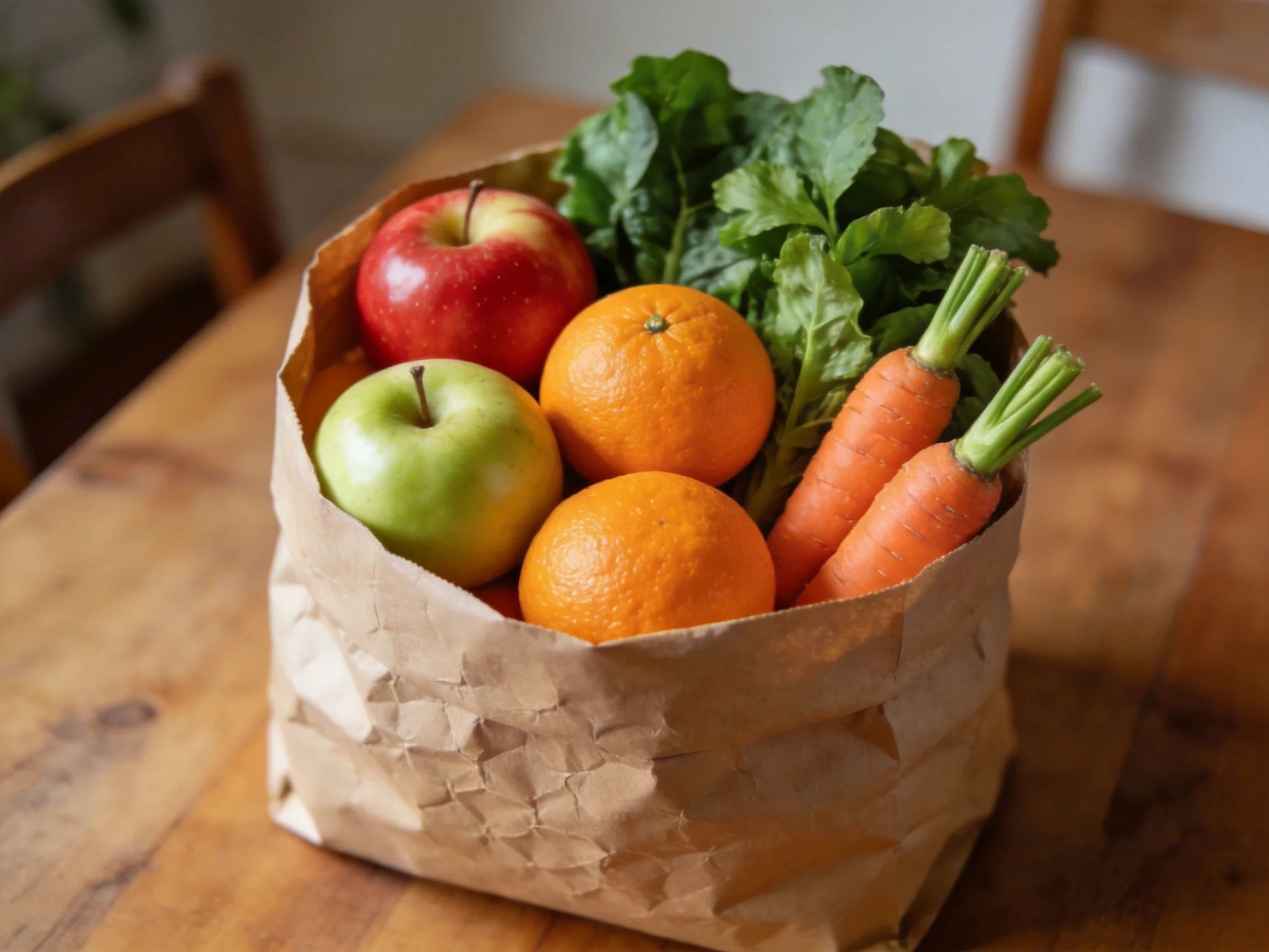A brown paper bag holds assorted fruits and vegetables