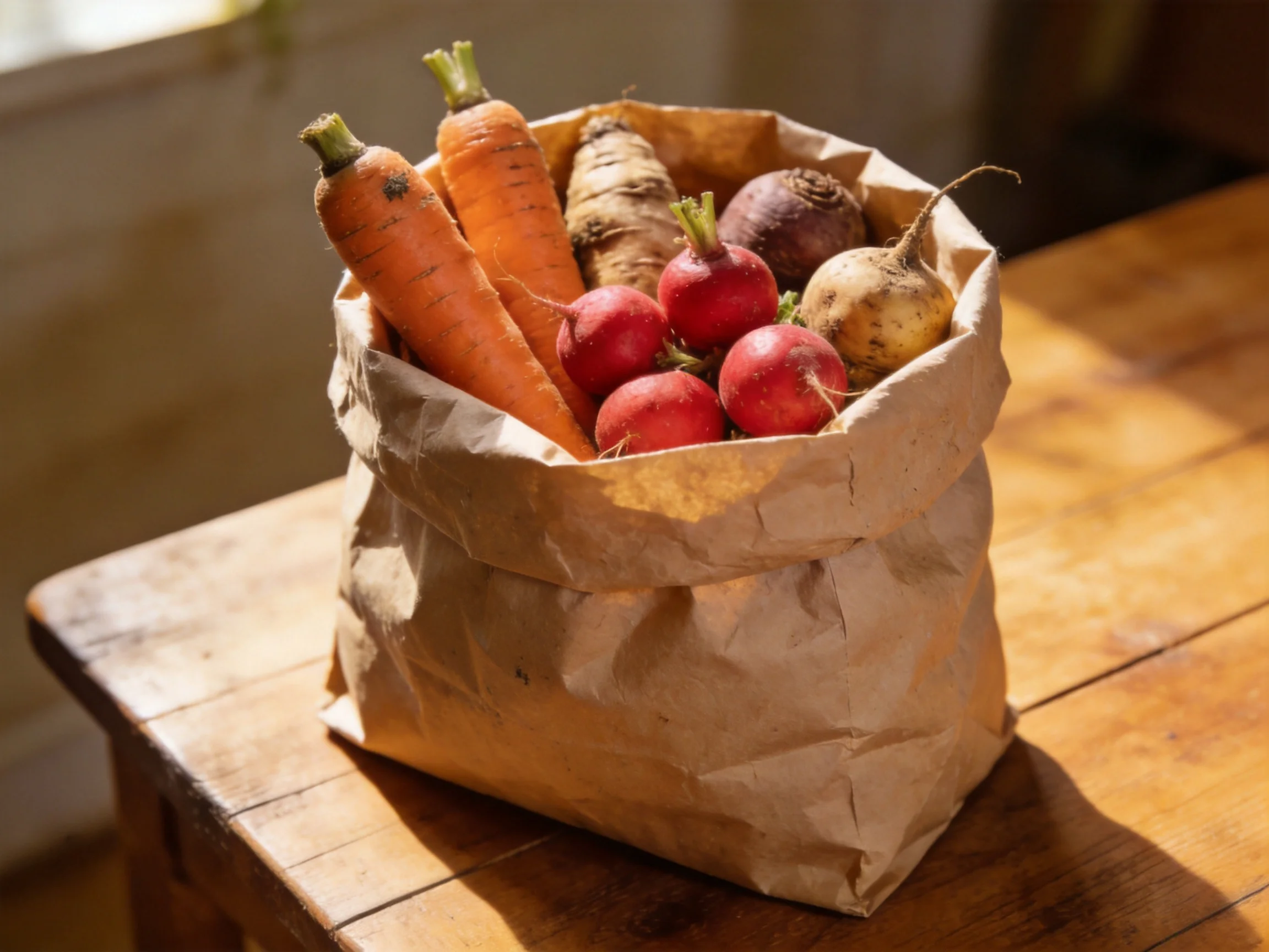A brown paper bag holds carrots, radishes, and root vegetables on a wooden table