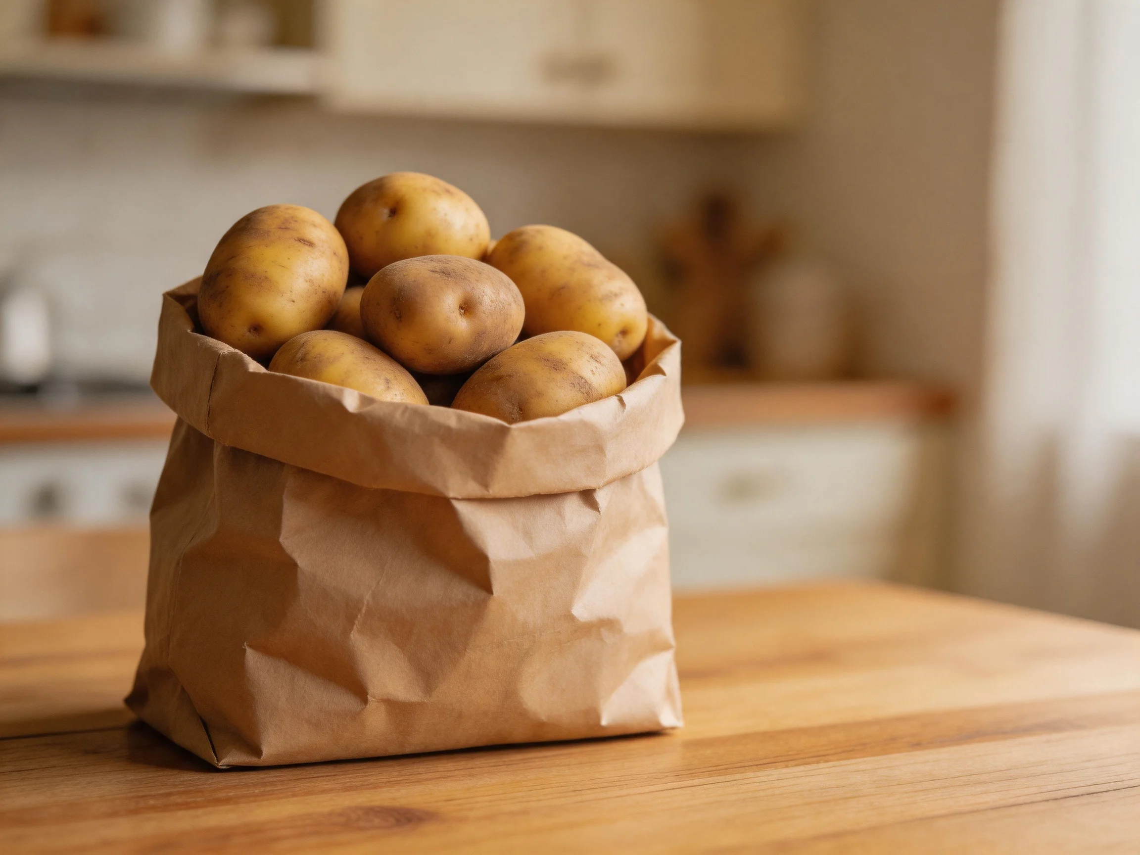 A brown paper bag of potatoes sits on a wooden kitchen table