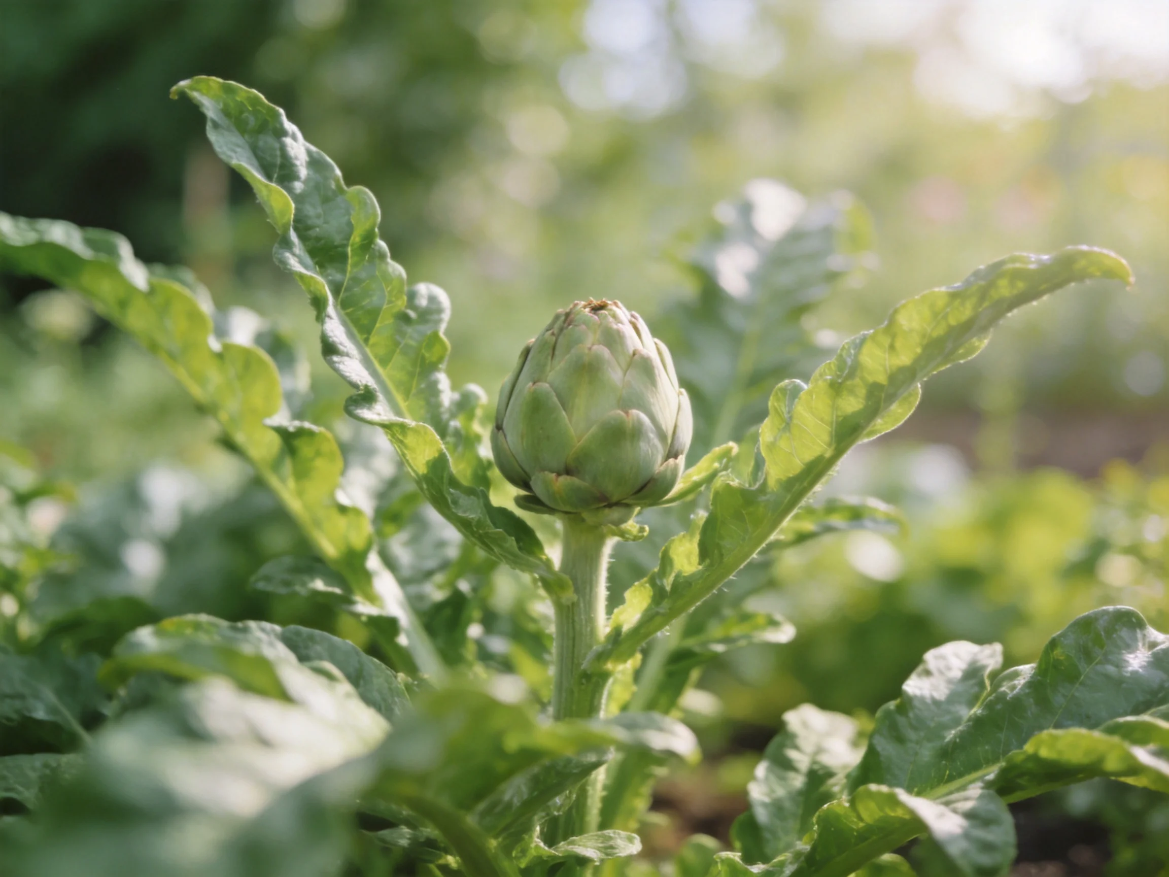 A budding artichoke nestled among broad, wavy green leaves in a sunlit garden