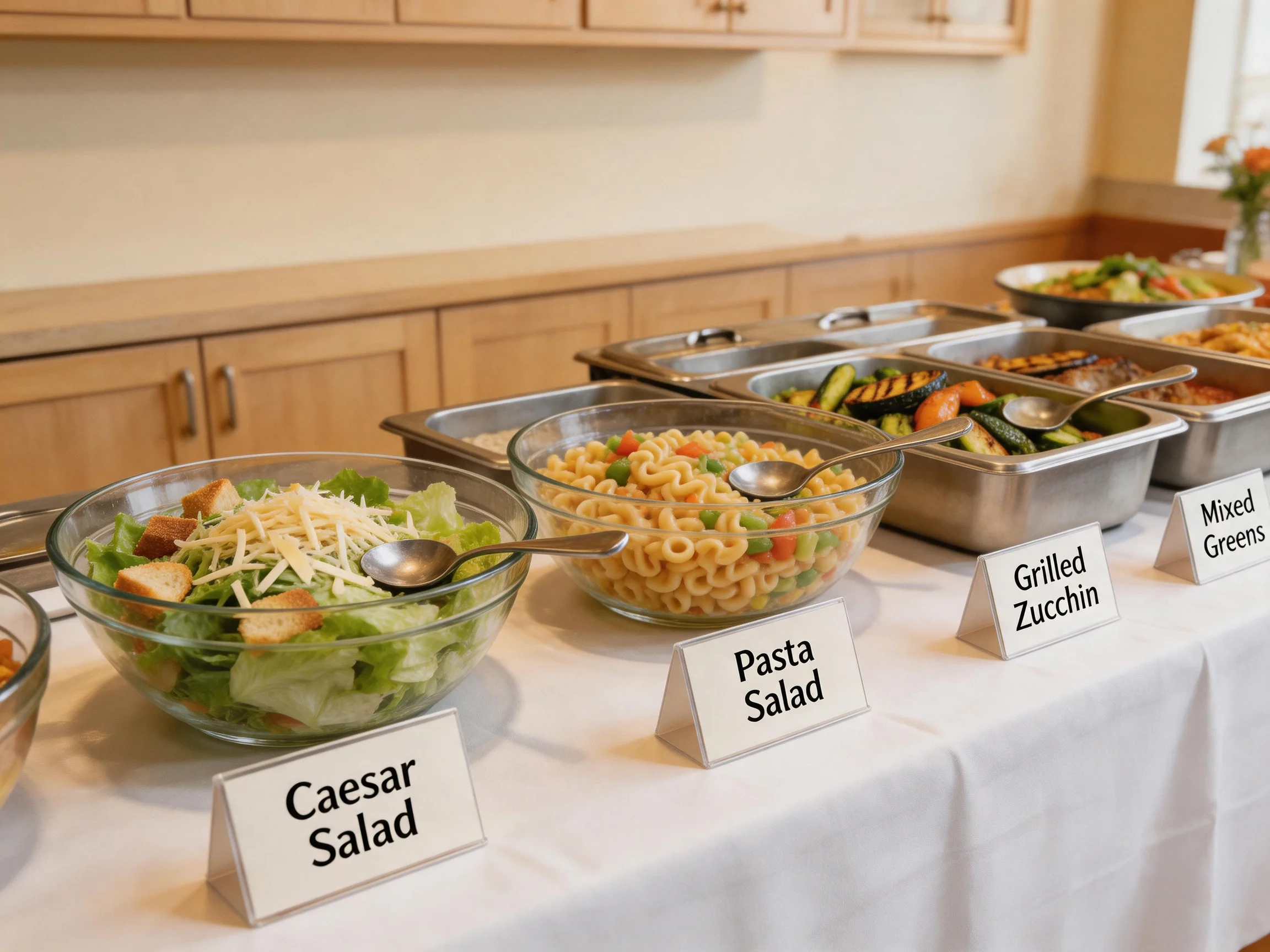 A buffet display with assorted salad dishes on a white tablecloth near wooden cabinets