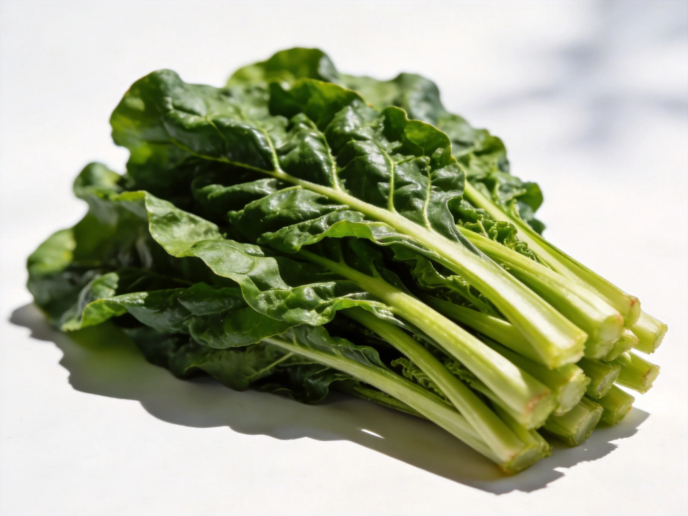 A bunch of fresh green leafy vegetables with crisp stems