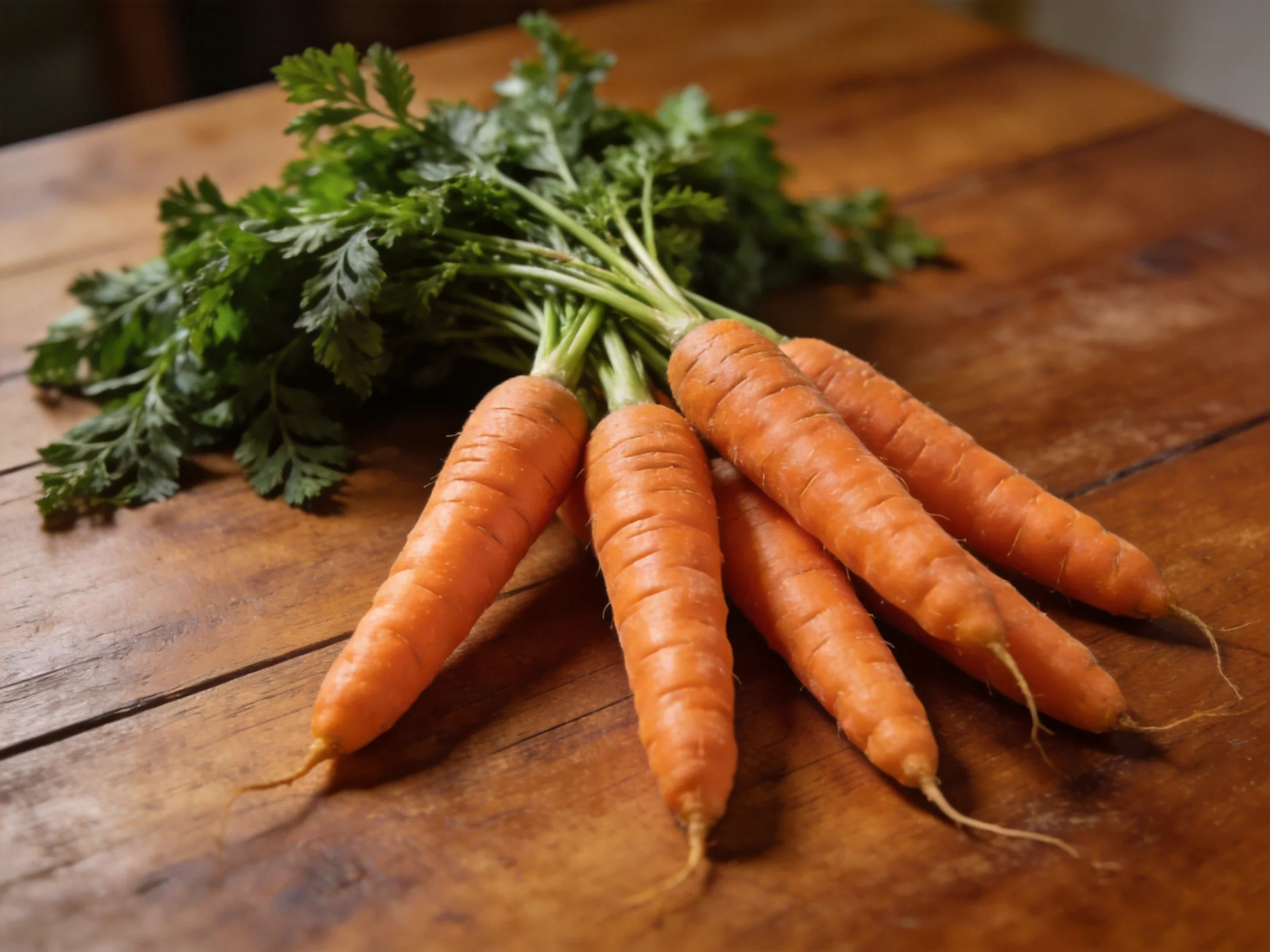A bunch of fresh orange carrots with vibrant green tops on a wooden table
