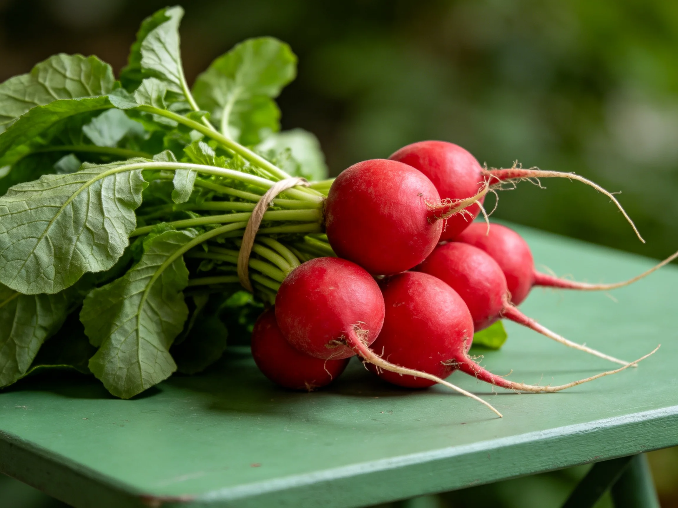 A bunch of vibrant red radishes with fresh green leaves on a green table