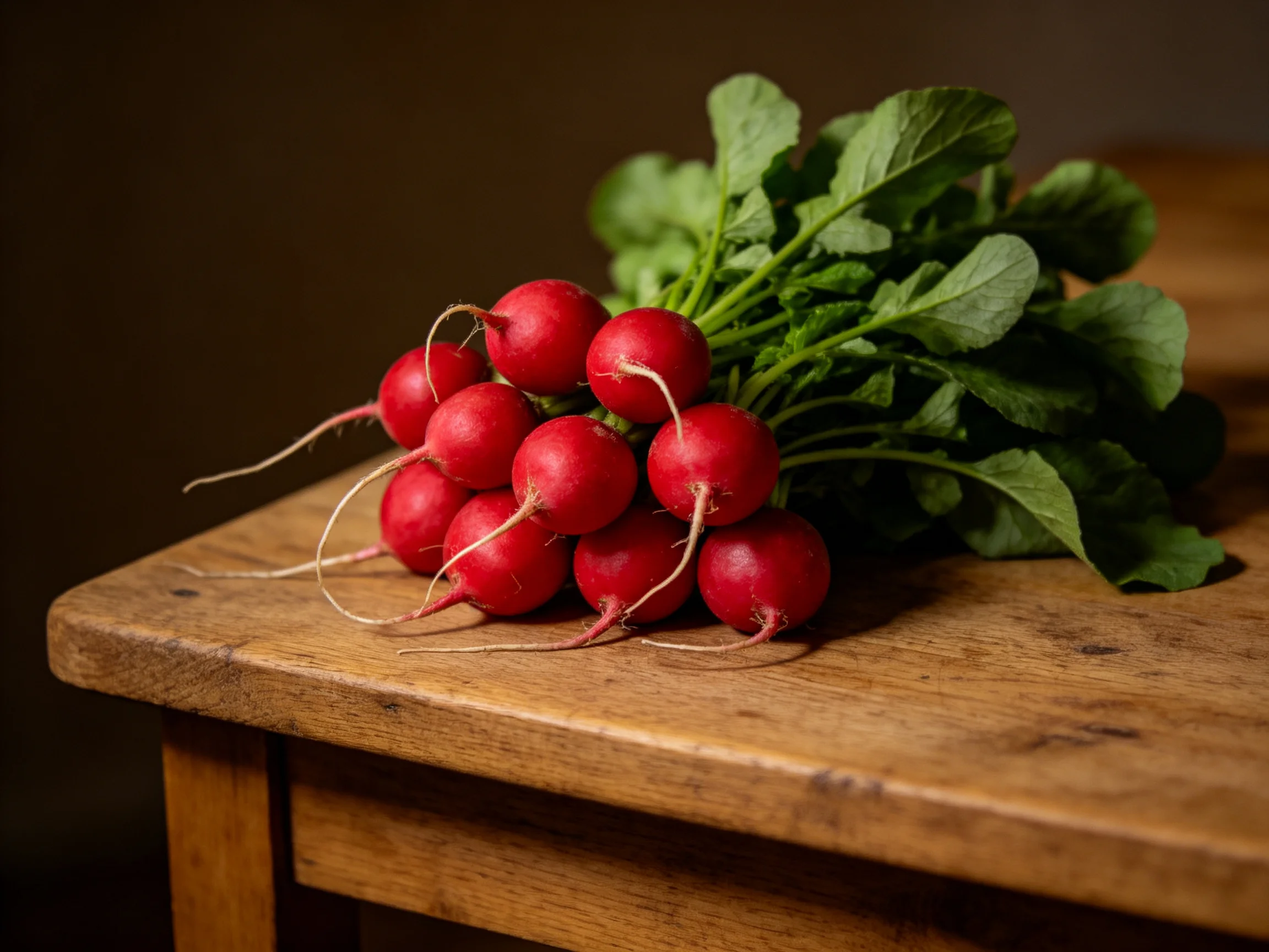 A bunch of vibrant red radishes with green leaves on a wooden table