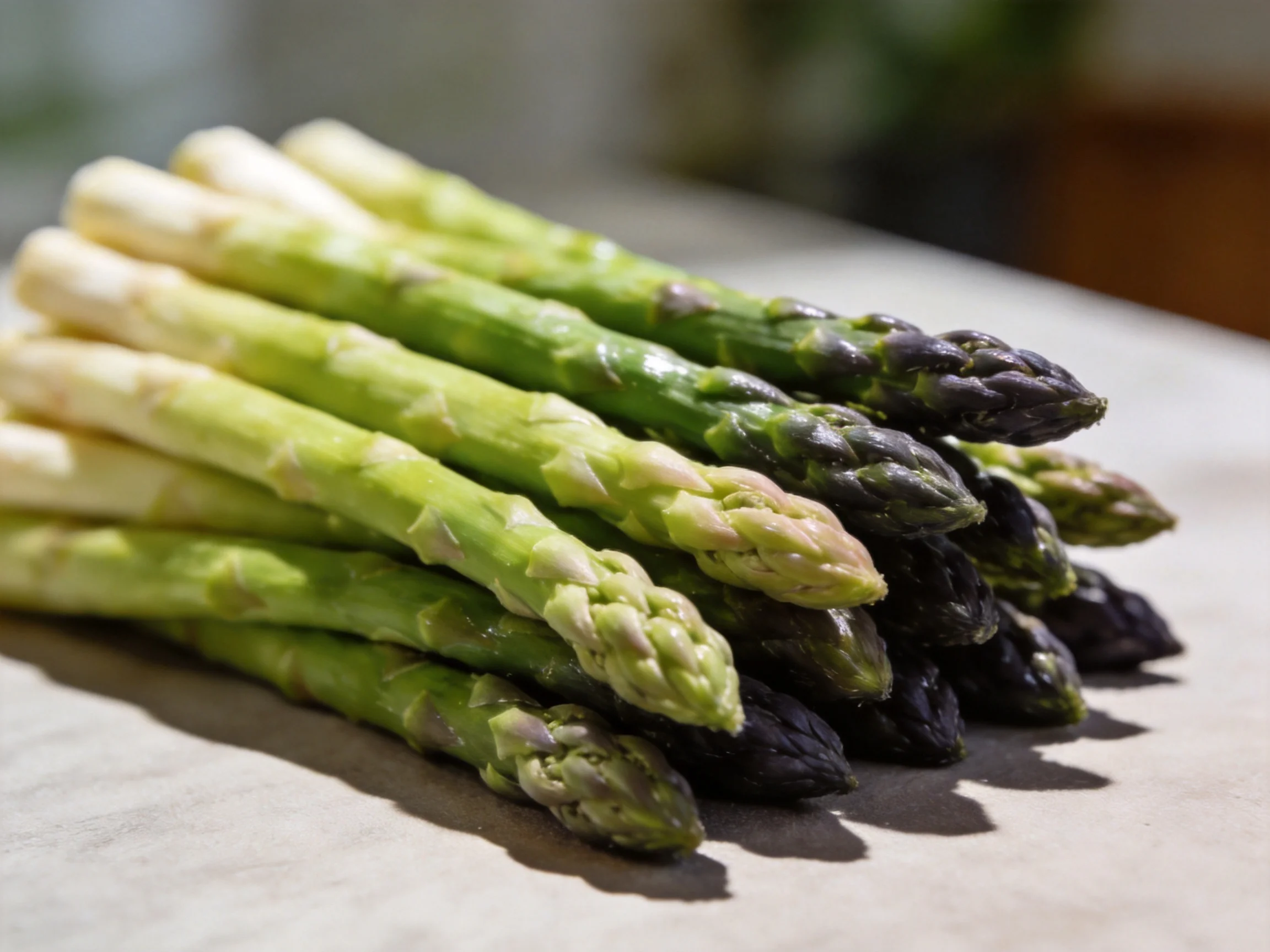 A bundle of assorted-colored fresh asparagus spears