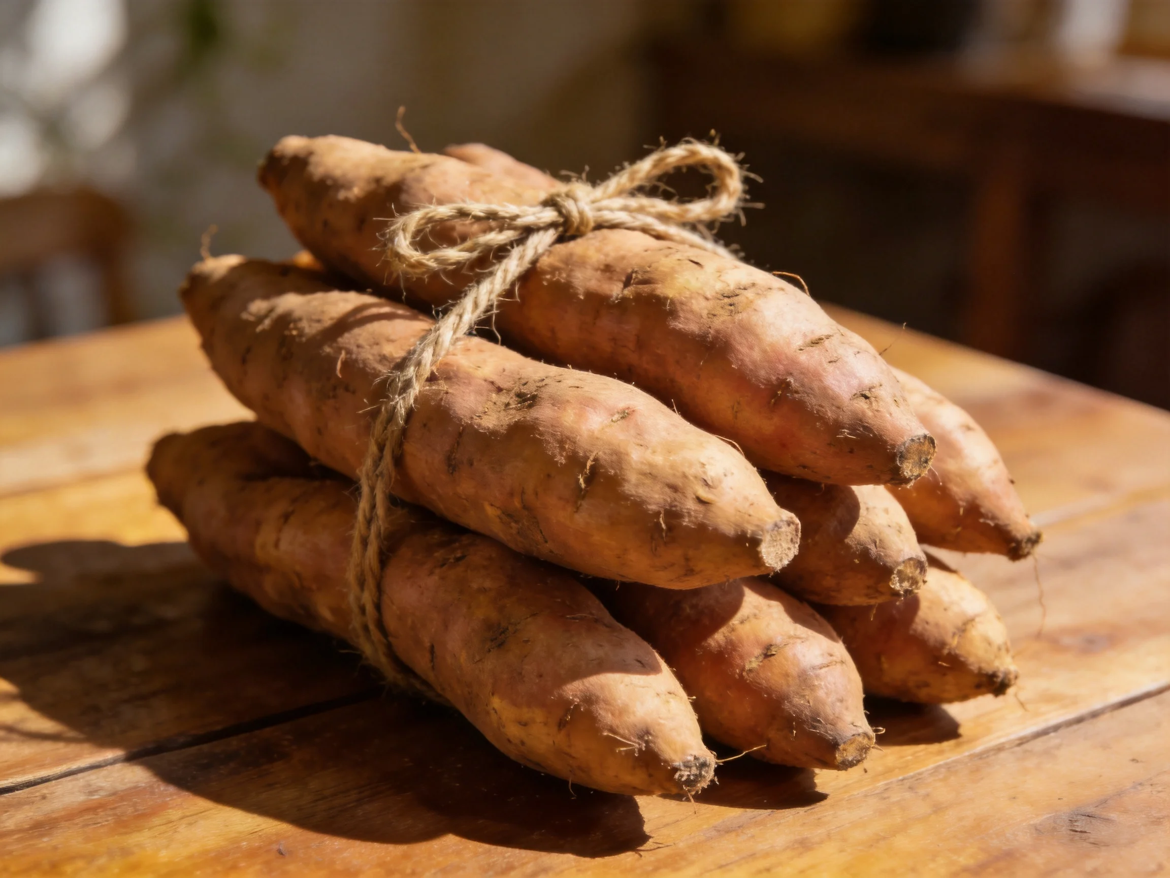 A bundle of earth-toned sweet potatoes tied with twine on a wooden table