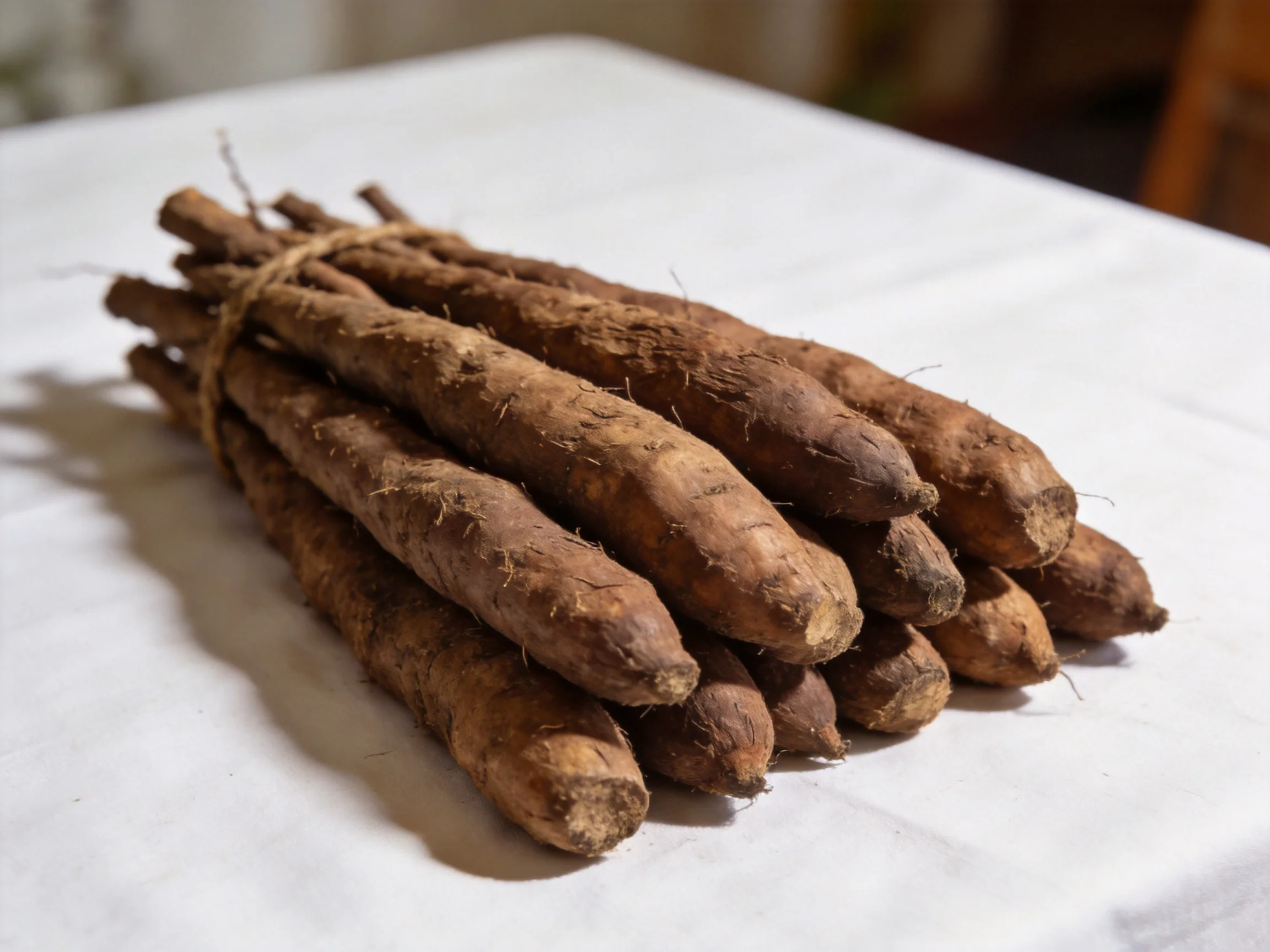 A bundle of earthy-brown root vegetables tied with twine on a white cloth