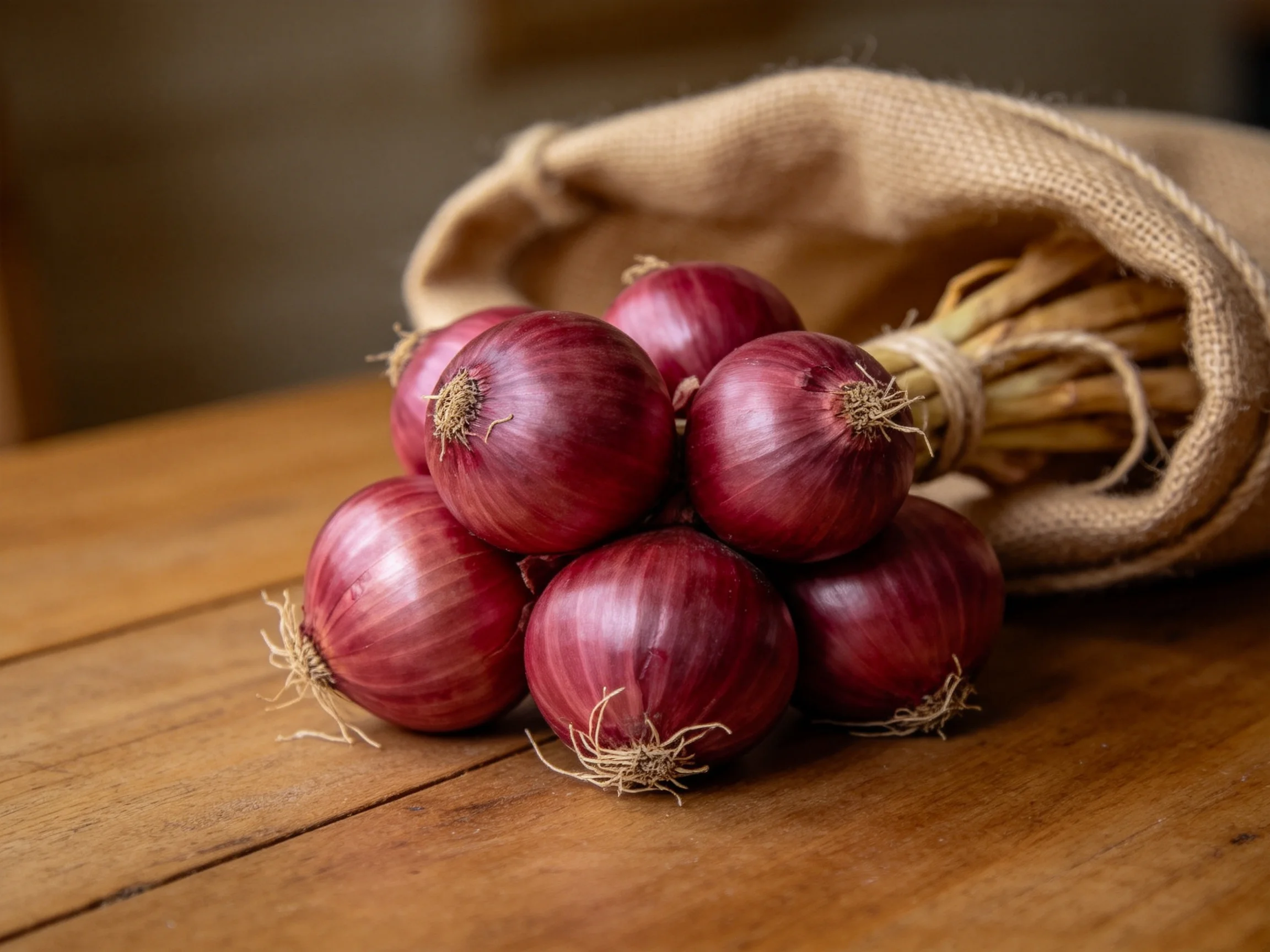 A bundle of eight red onions spilling from a burlap sack onto a wooden table