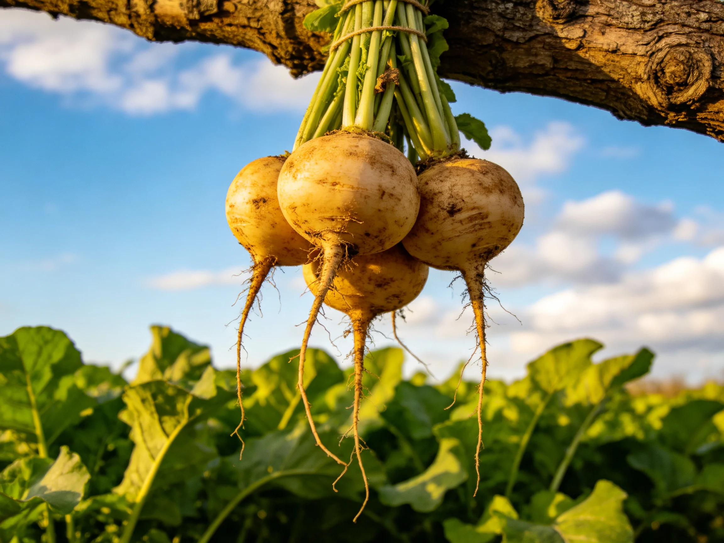 A bundle of four round beige root veggies hangs from a brown tree branch