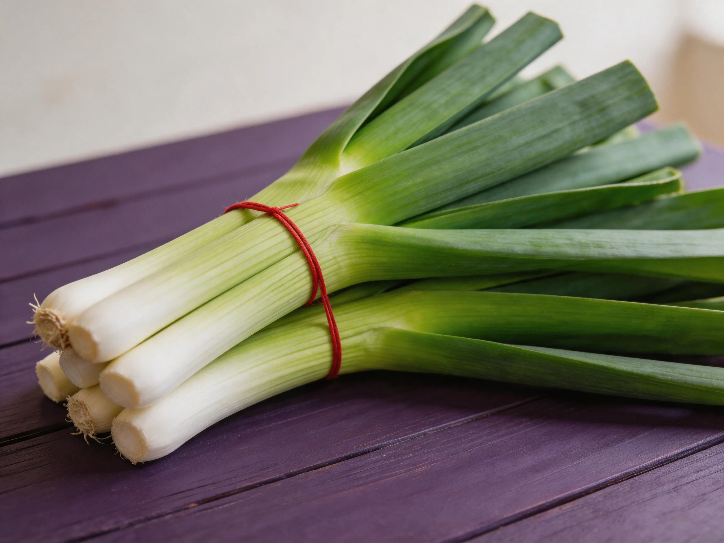 A bundle of fresh green and white leeks tied with a red rubber band
