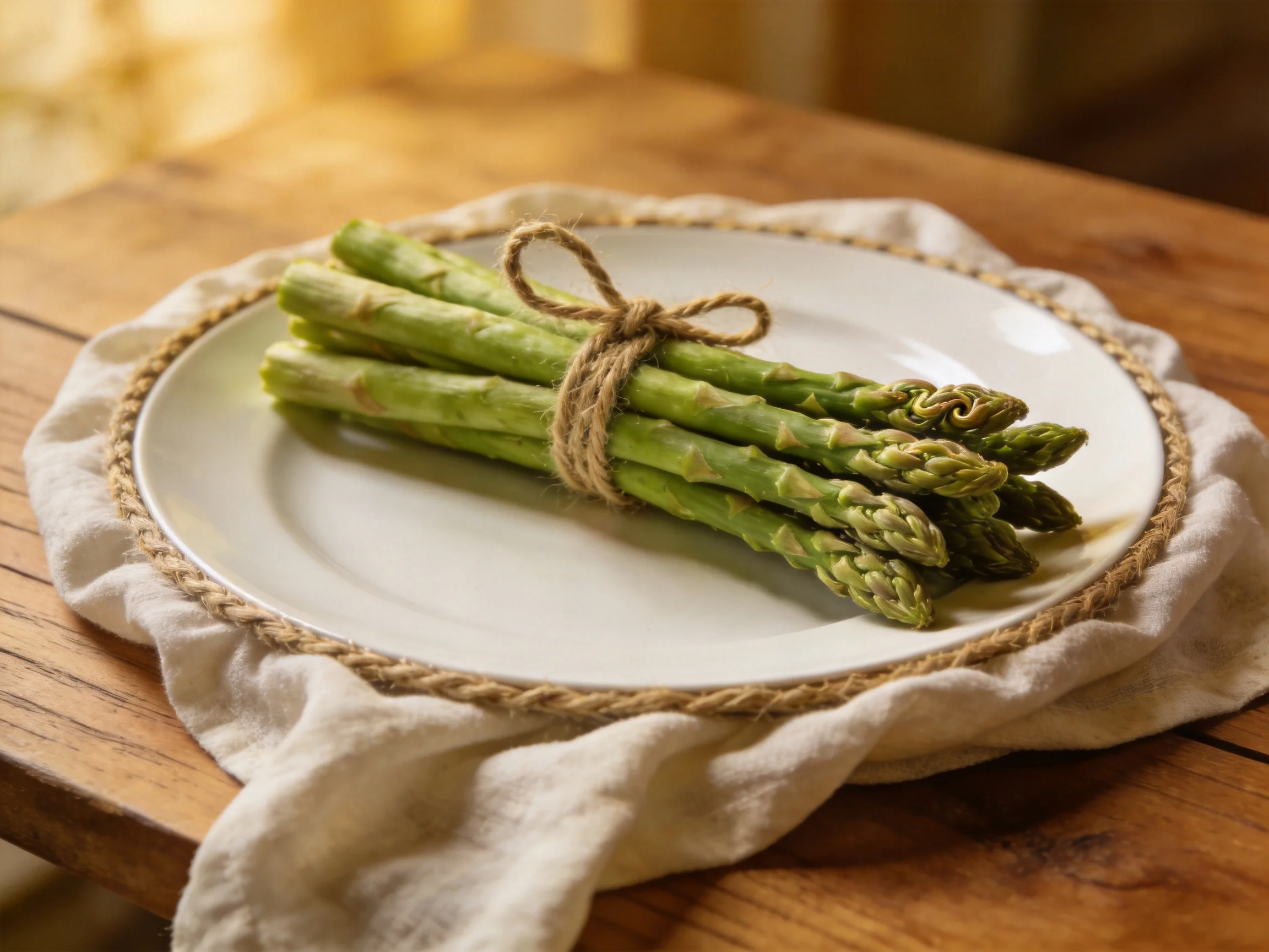 A bundle of fresh green asparagus tied on a white plate with rope trim