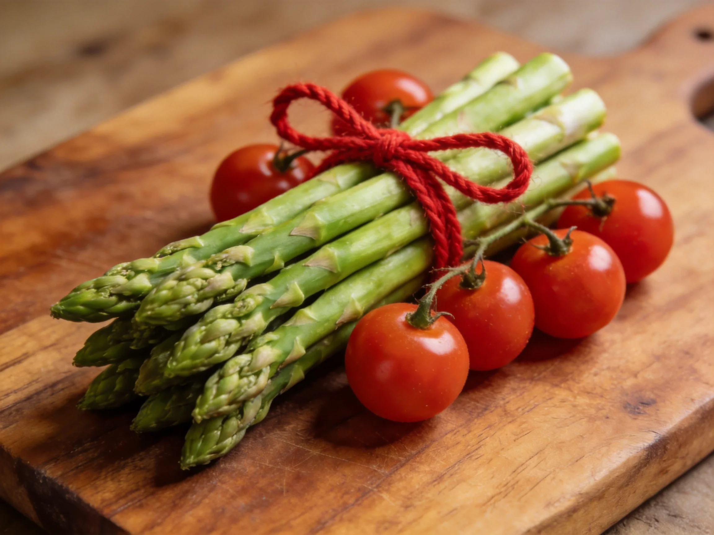 A bundle of fresh green asparagus tied with red string alongside cherry tomatoes on a wooden cutting 