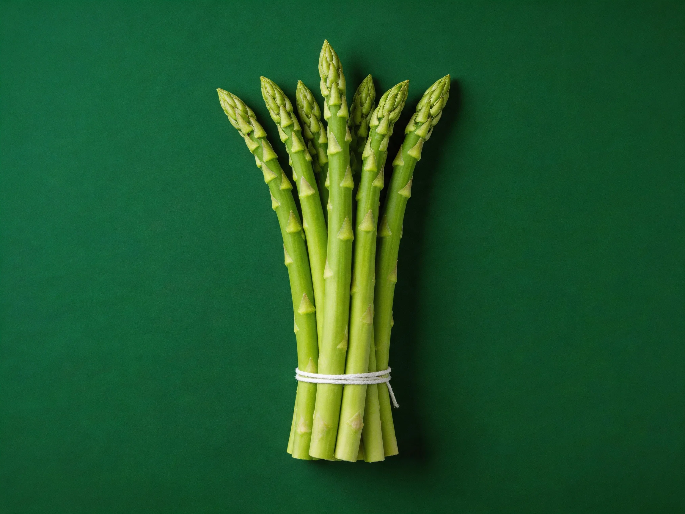 A bundle of fresh green asparagus tied with string on a solid green backdrop