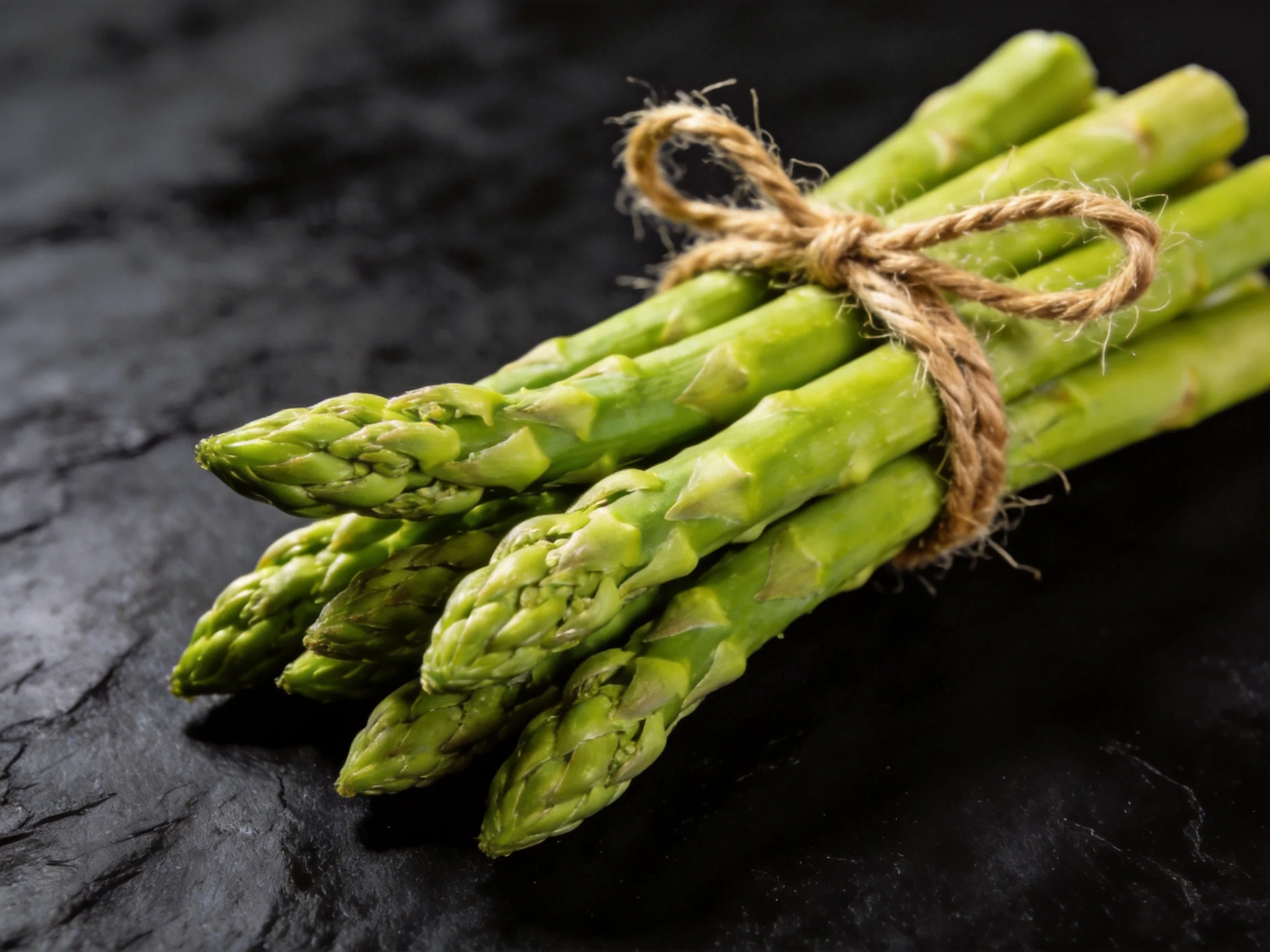 A bundle of fresh green asparagus tied with twine on a dark slate surface