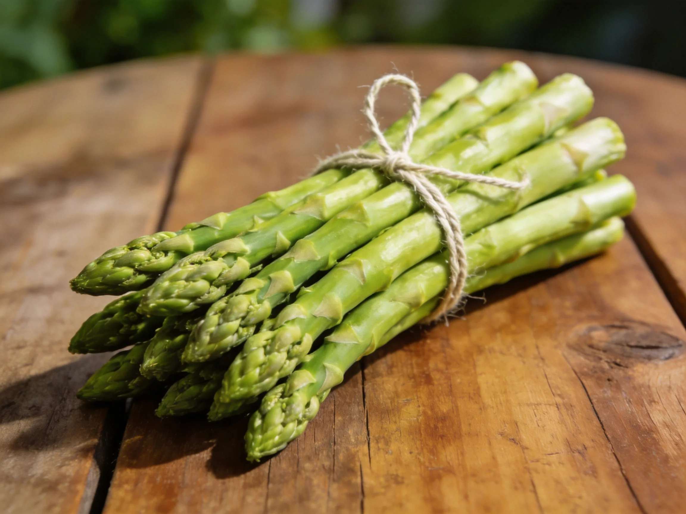 A bundle of fresh green asparagus tied with twine on a rustic wooden table