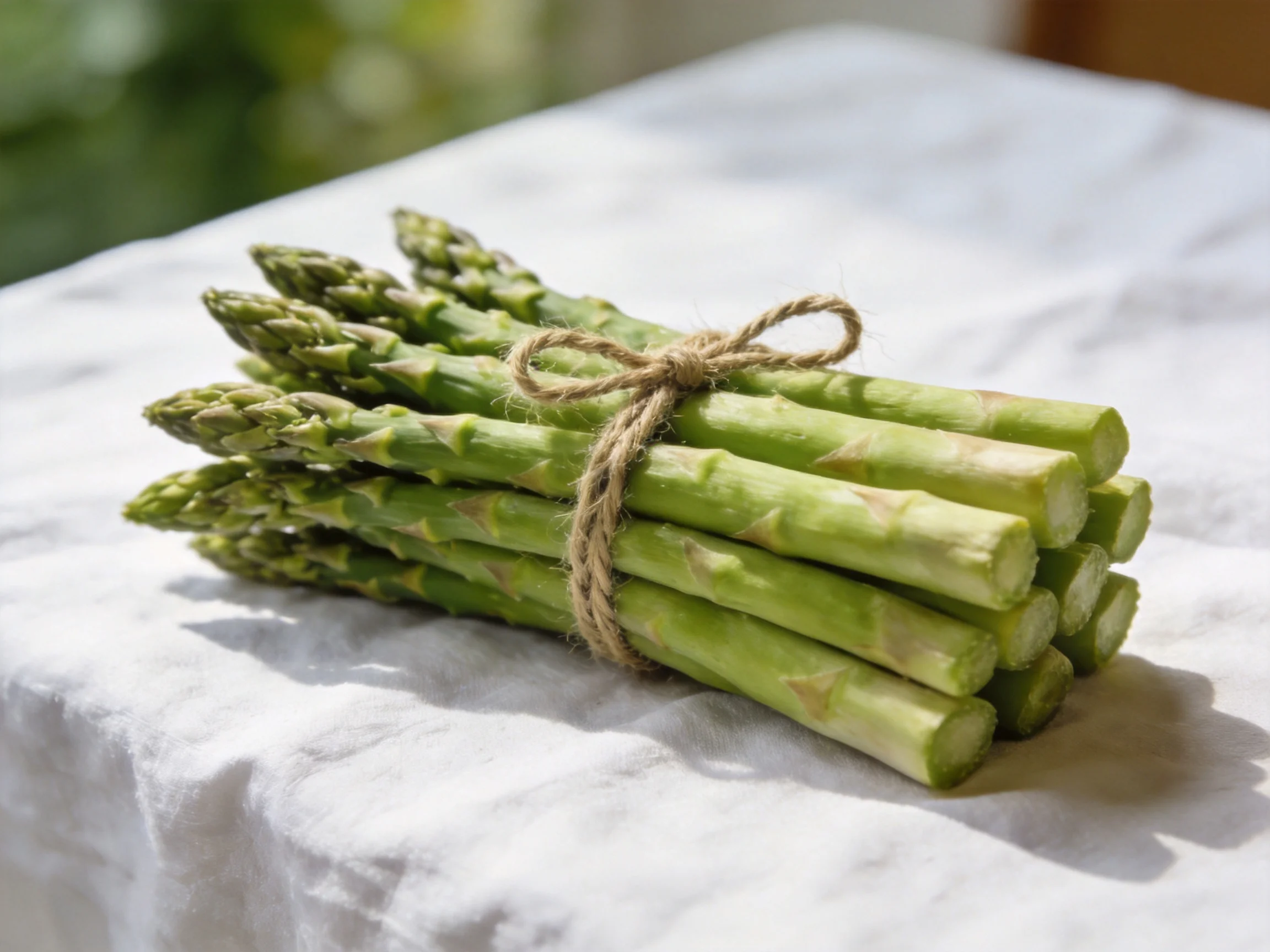 A bundle of fresh green asparagus tied with twine on a white cloth