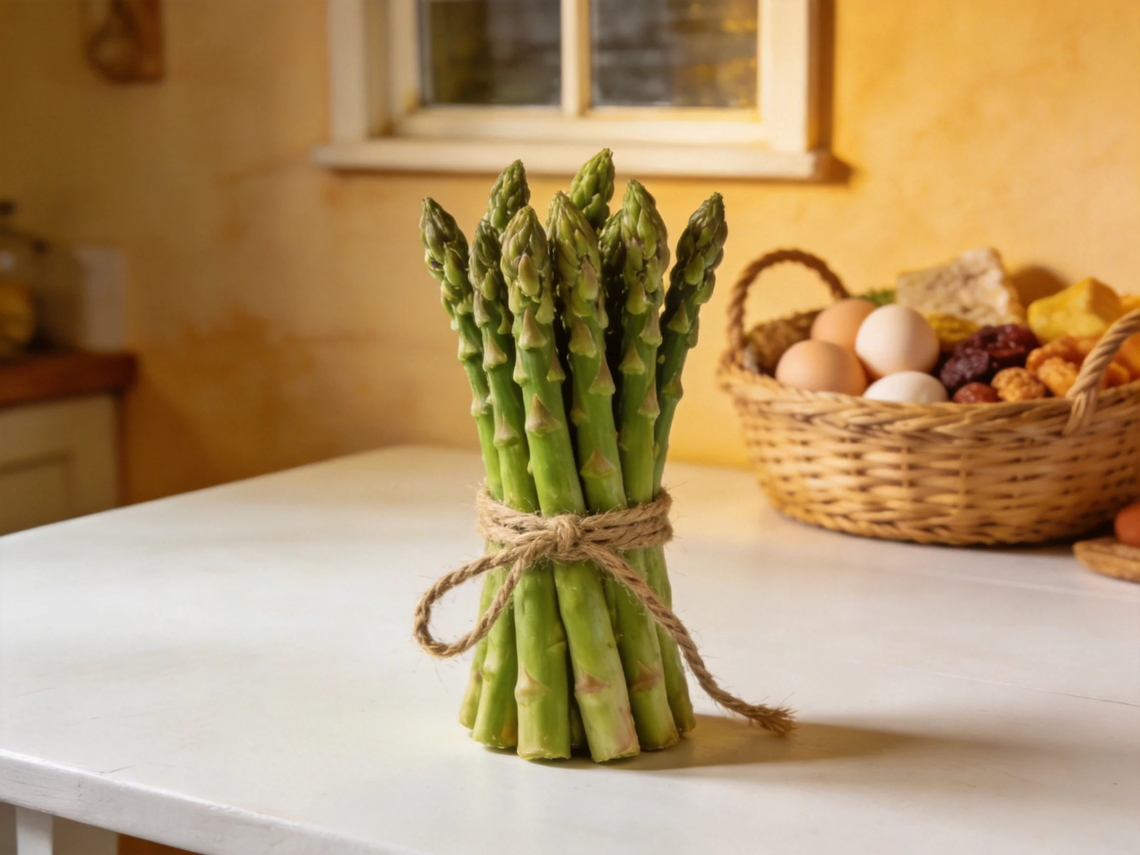 A bundle of fresh green asparagus tied with twine on a white kitchentable