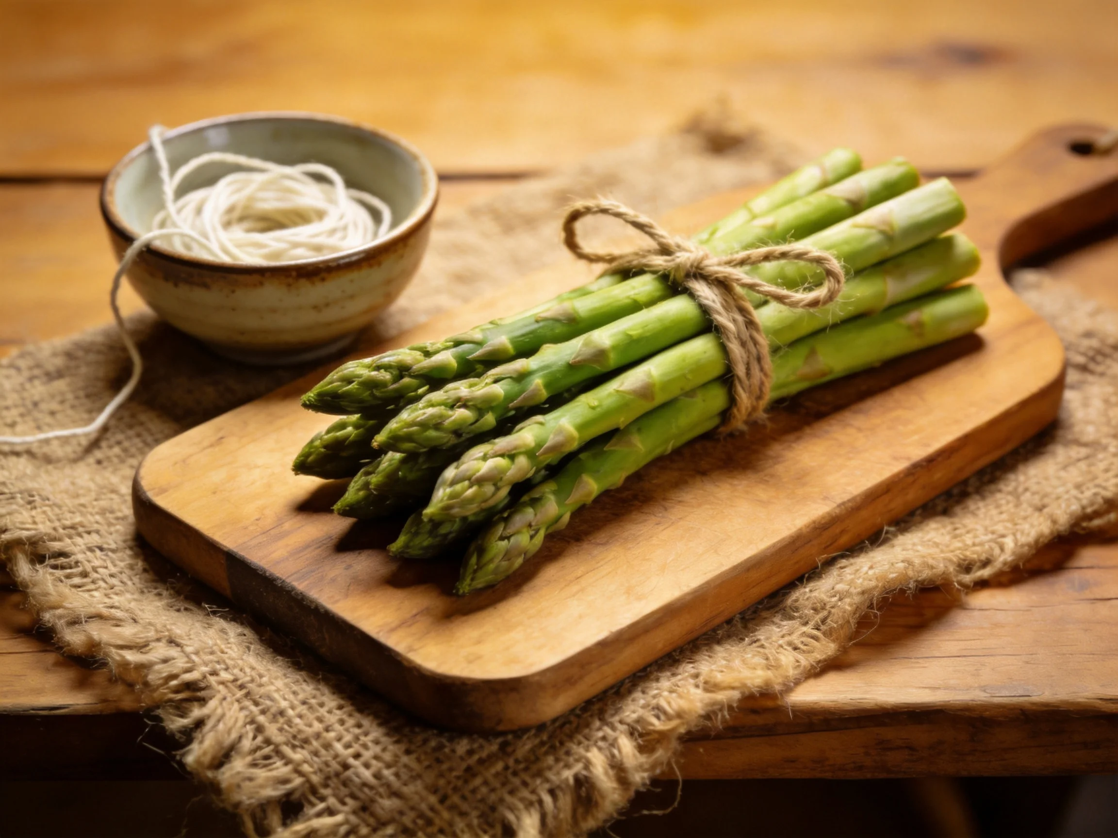 A bundle of fresh green asparagus tied with twine on a wooden cutting board