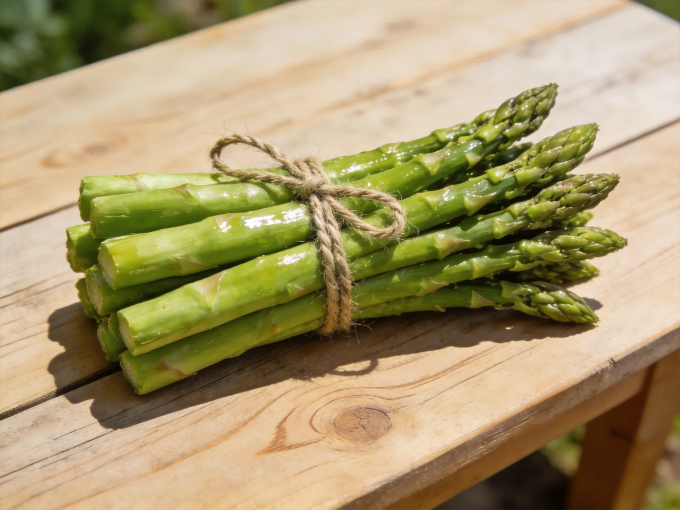 A bundle of fresh green asparagus tied with twine on a wooden table