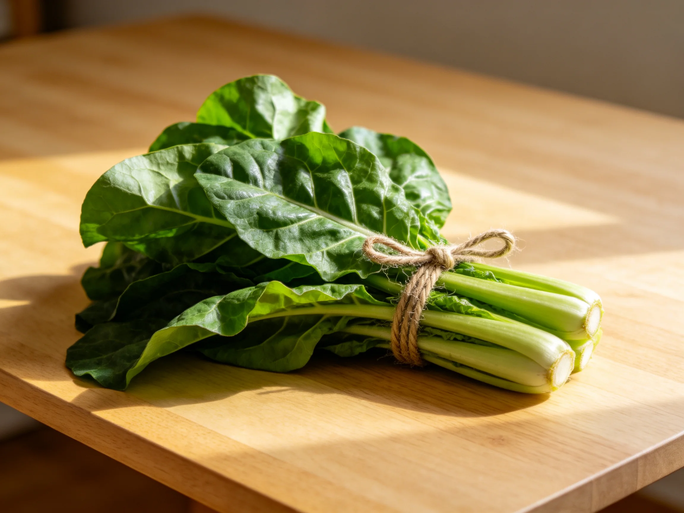 A bundle of fresh green leafy vegetables tied with twine on a wooden surface