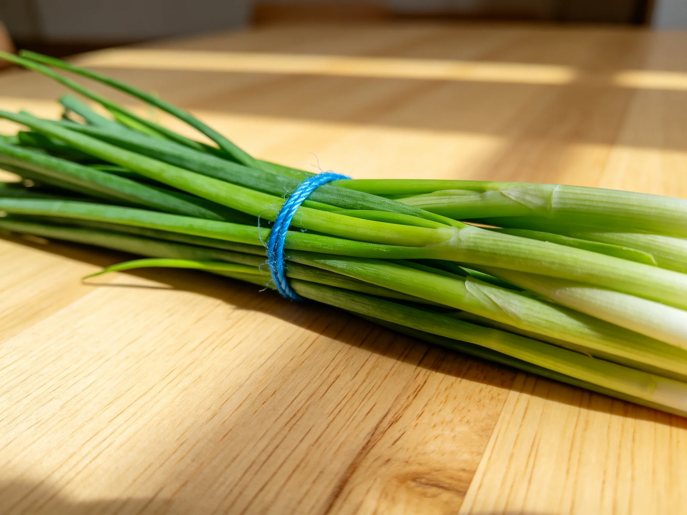 A bundle of fresh green onions tied with a blue string on a wooden table
