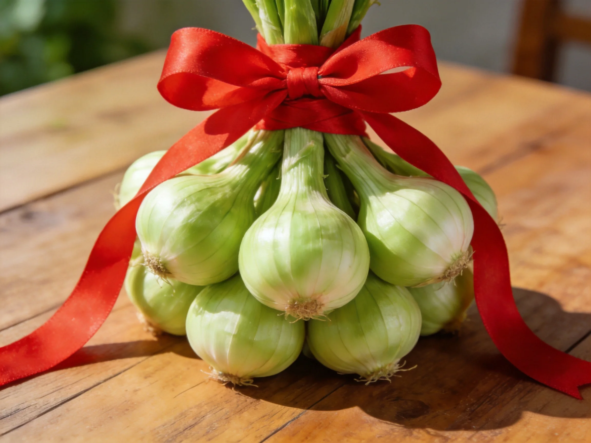 A bundle of fresh green onions tied with a bright red ribbon on a wooden table