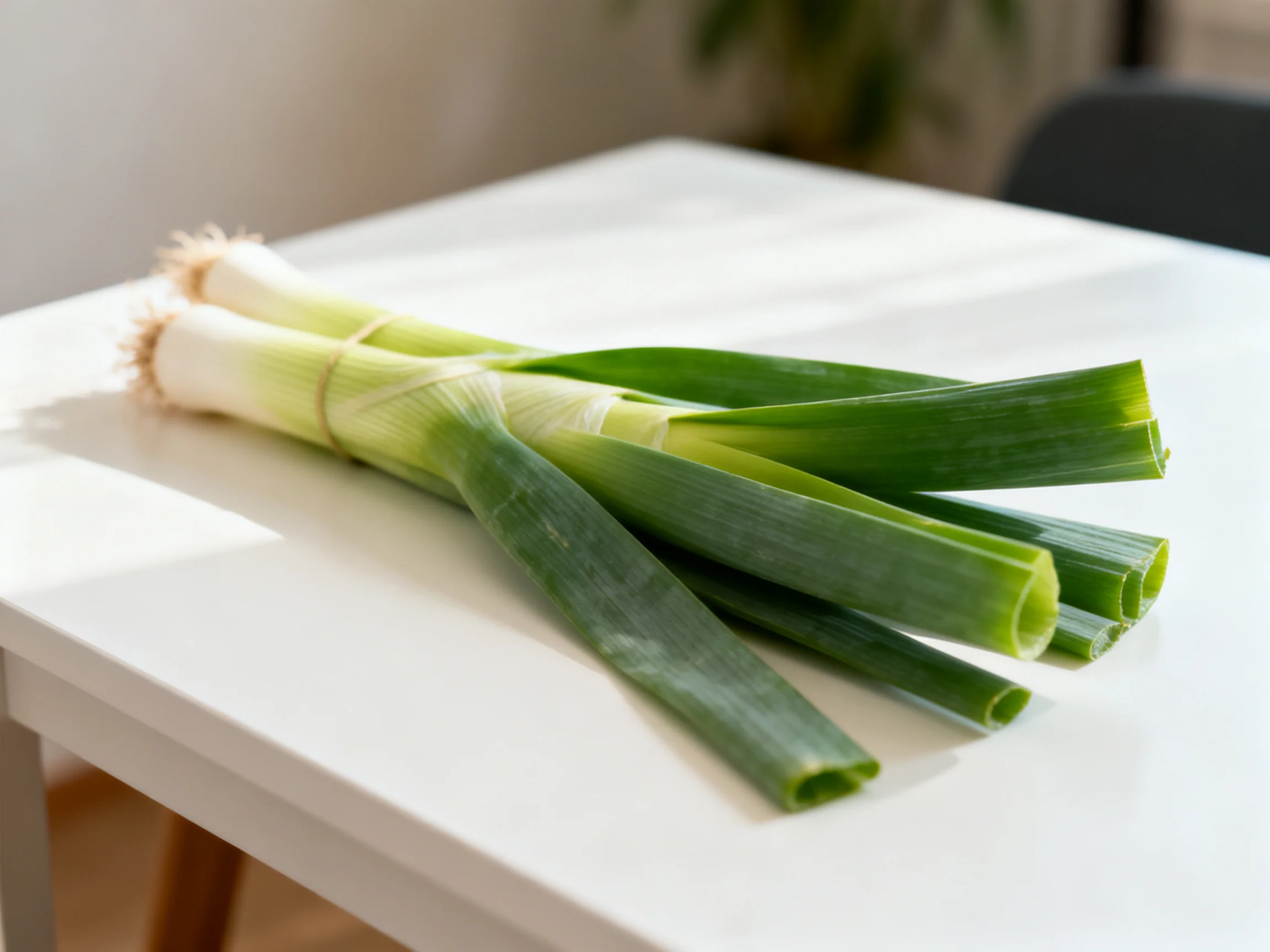 A bundle of fresh green scallions rests on a white table