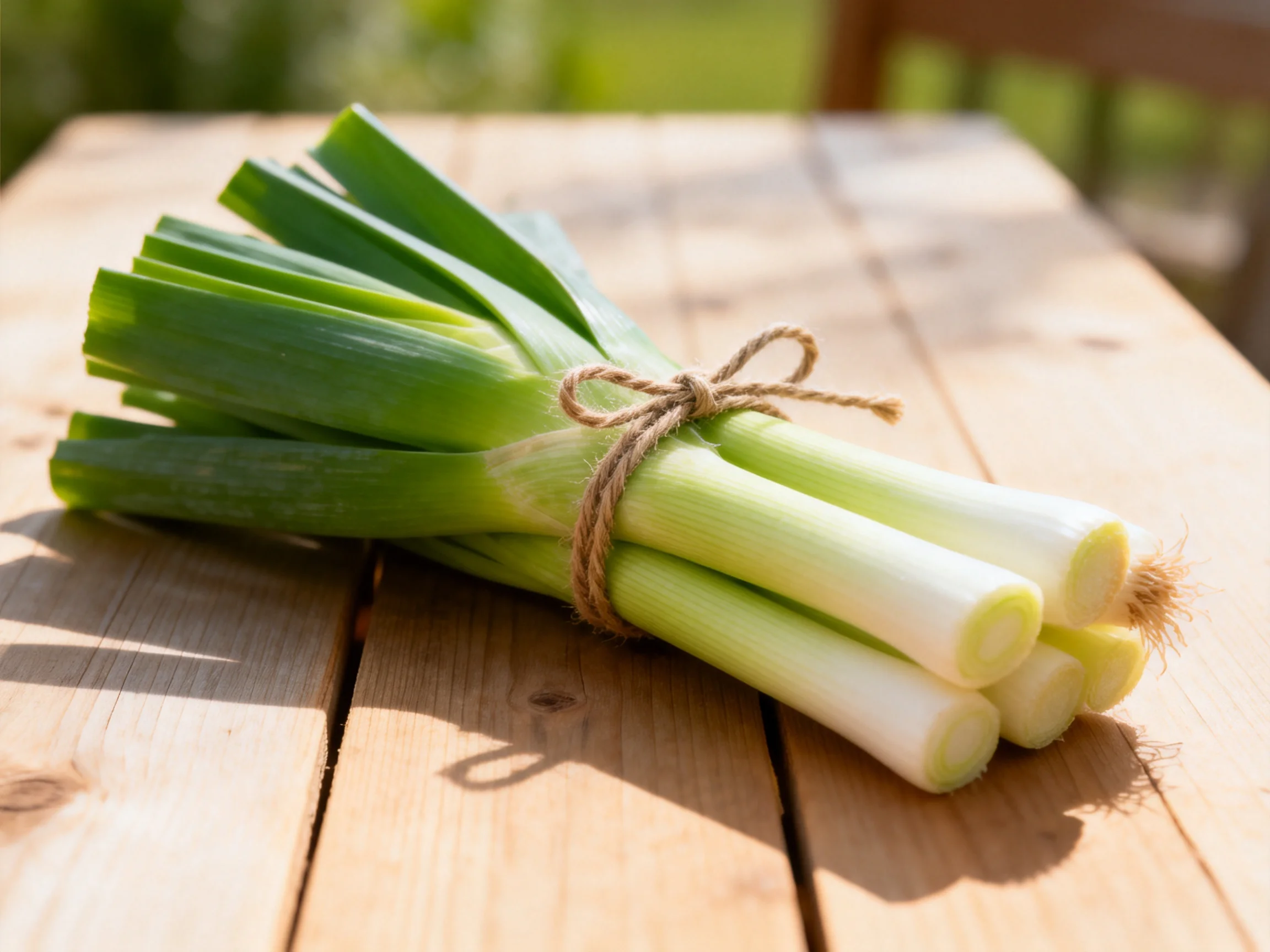 A bundle of fresh green scallions tied with twine on a wooden table