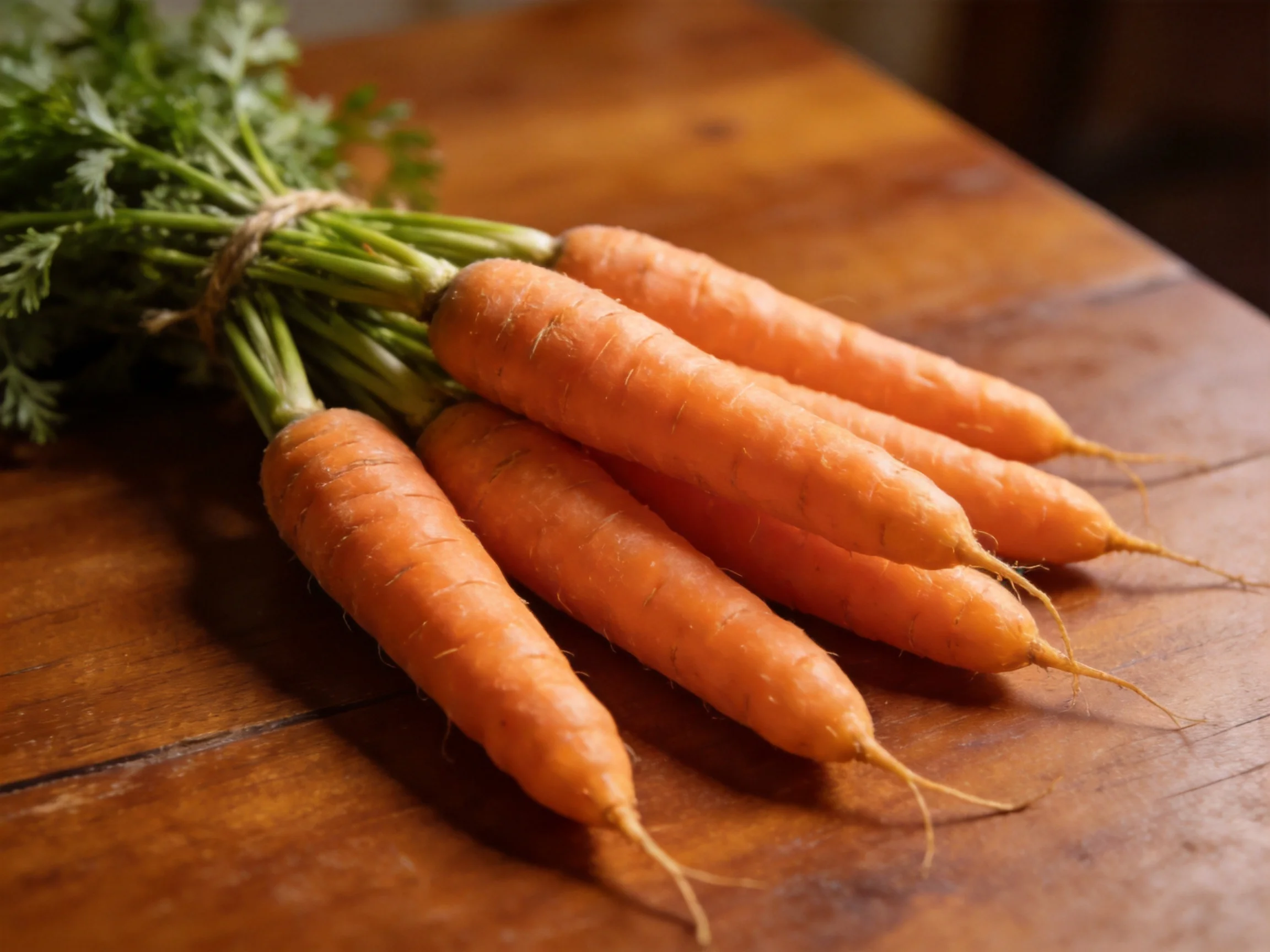 A bundle of fresh orange carrots tied together on a wooden table