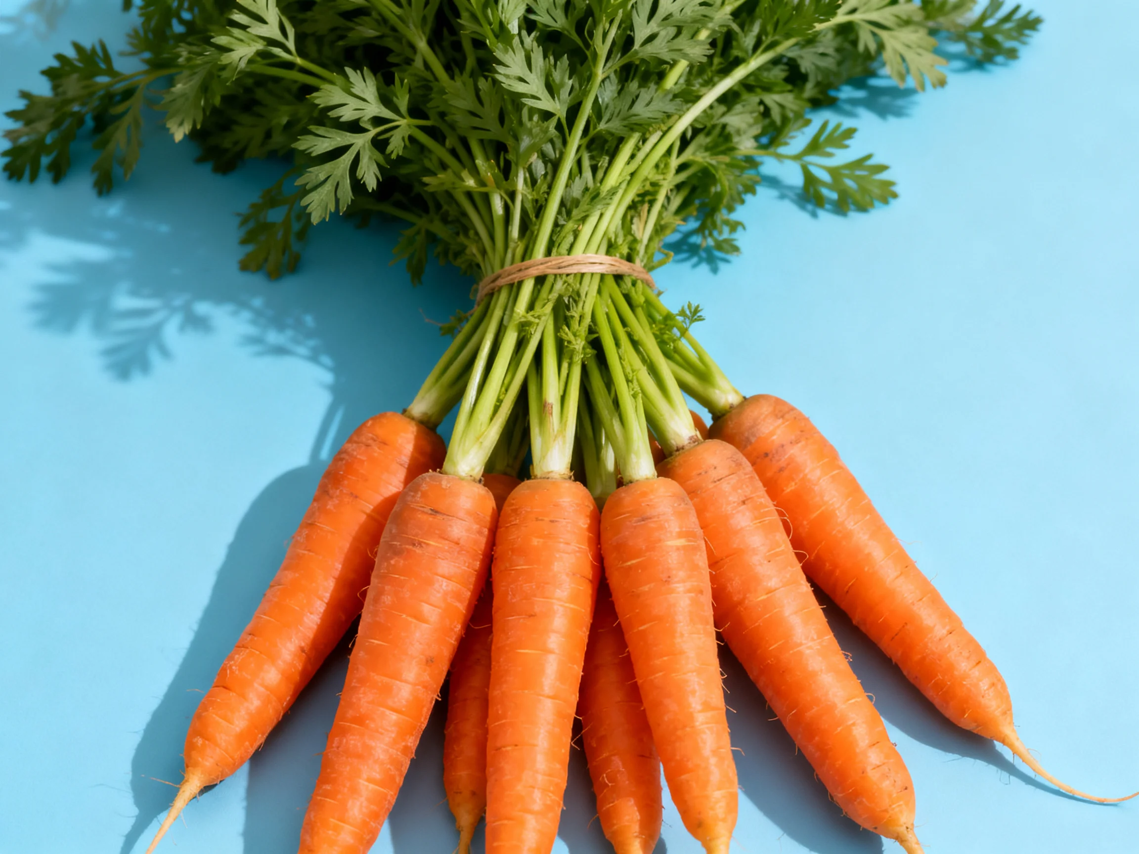 A bundle of fresh orange carrots with green leafy tops on a bright blue surface