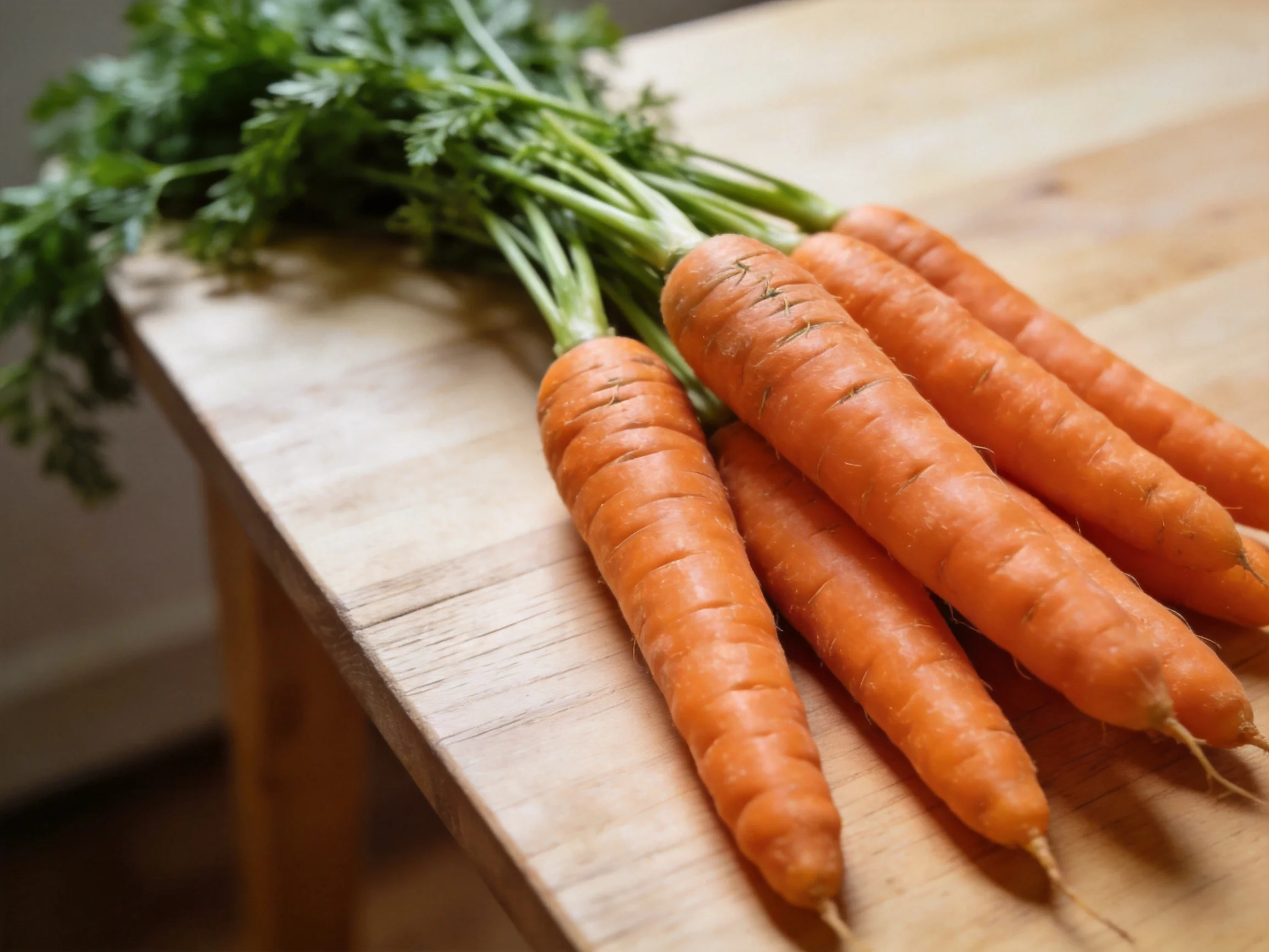 A bundle of fresh orange carrots with green leafy tops on a wooden surface
