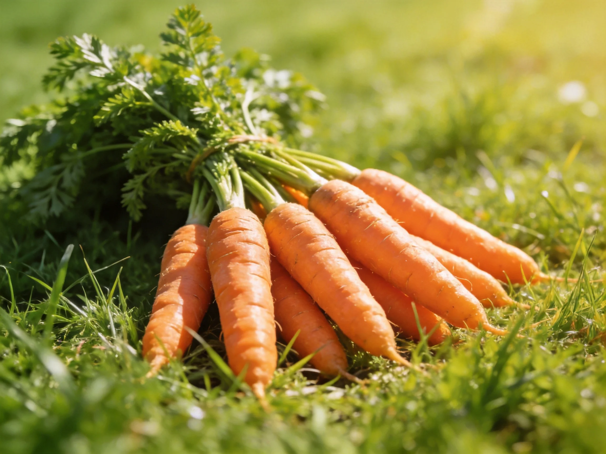A bundle of fresh orange carrots with green tops resting on lush grass