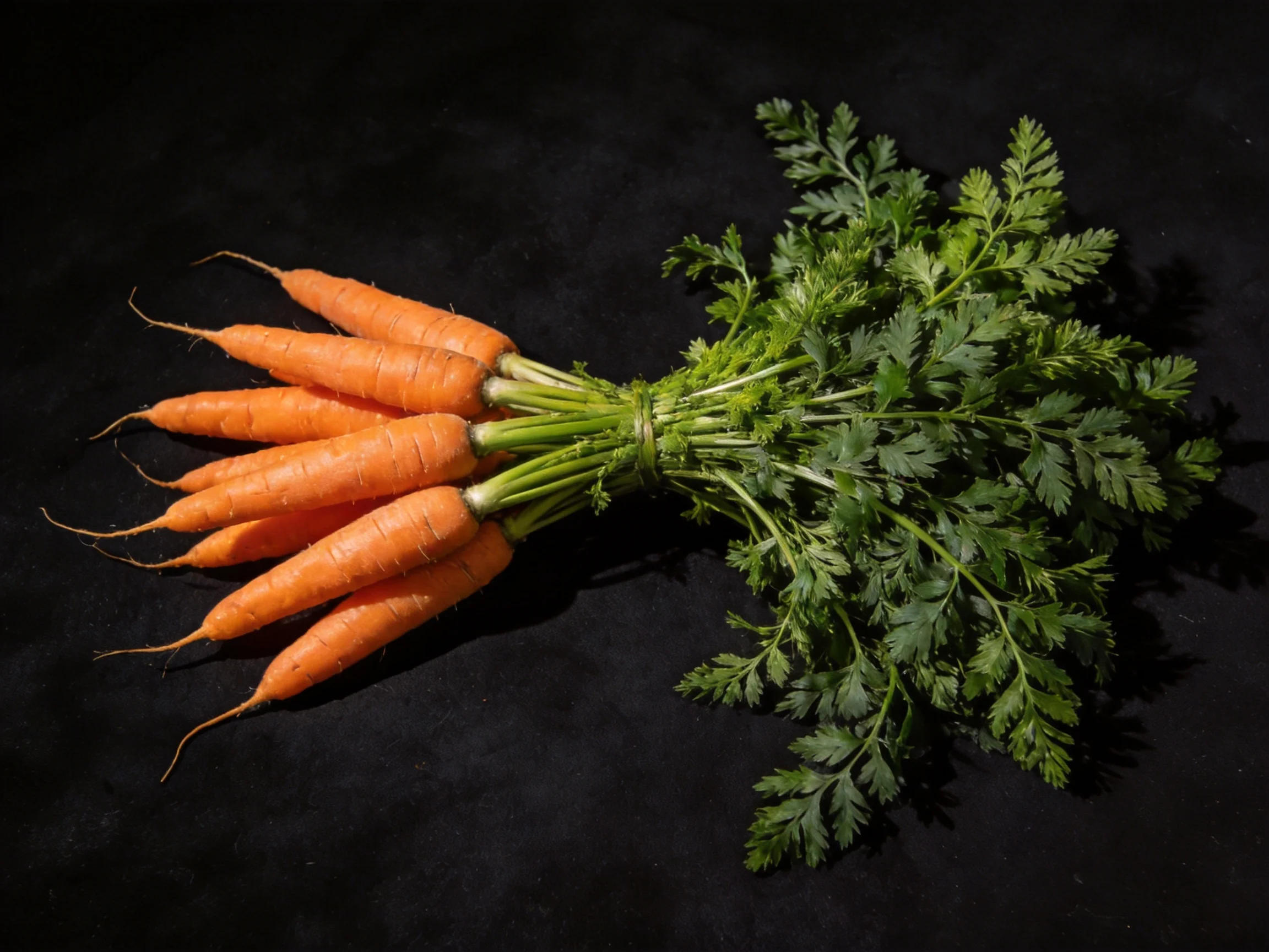 A bundle of fresh orange carrots with lush green foliage
