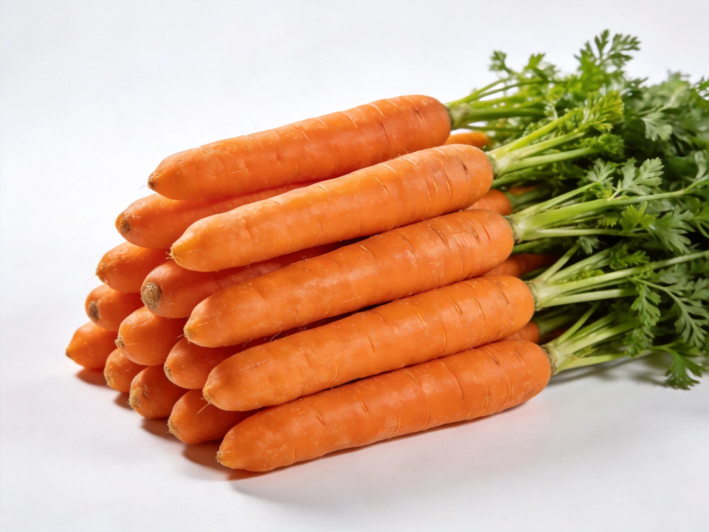 A bundle of fresh orange carrots with vibrant green leafy tops