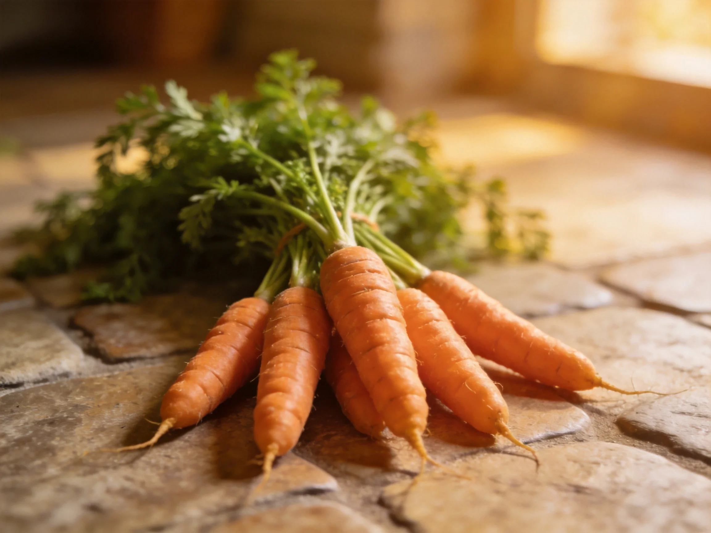 A bundle of fresh orange carrots with vibrant green tops on a stone surface