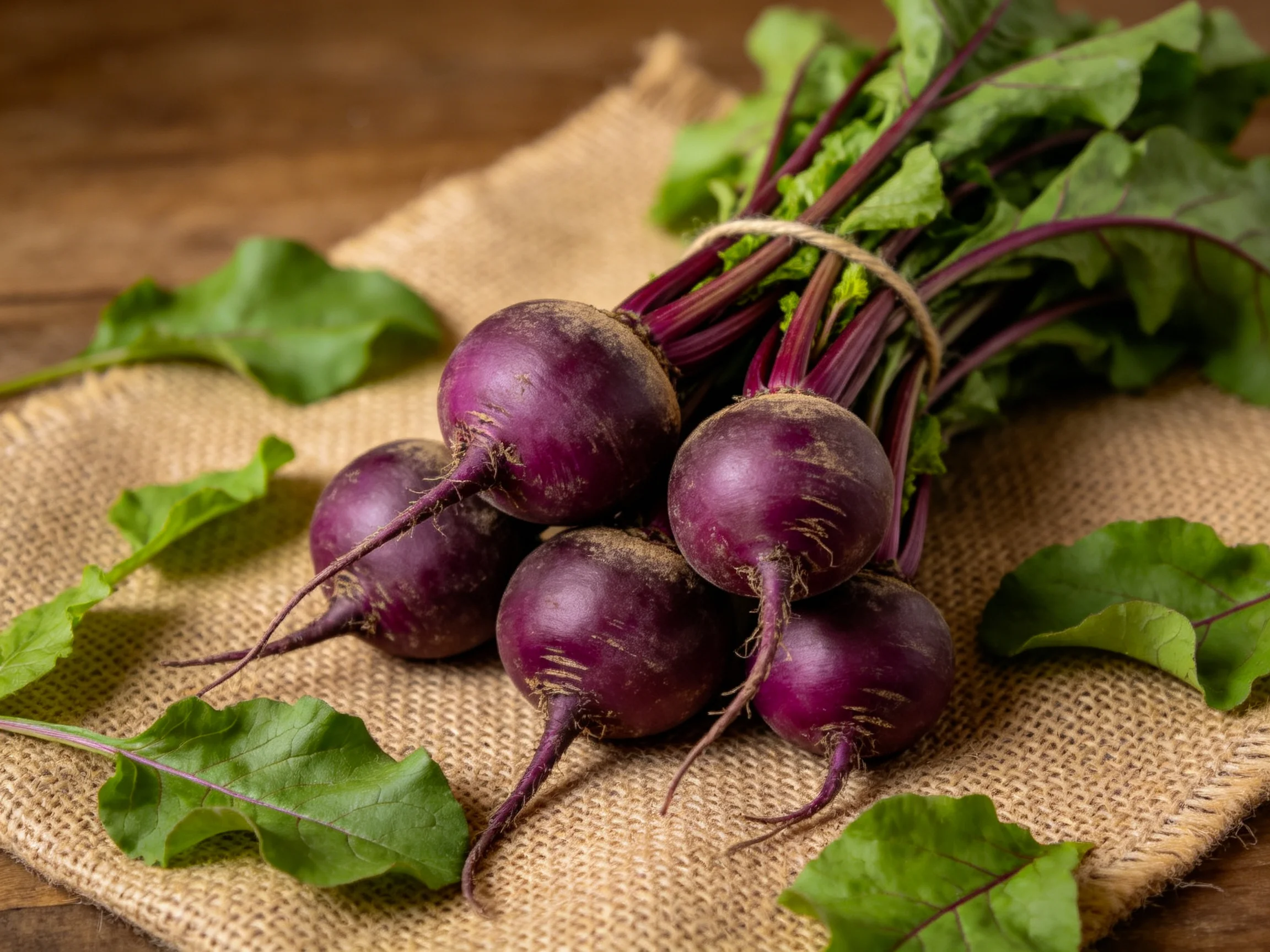 Fresh purple beets tied together rest on a burlap cloth with scattered leaves.