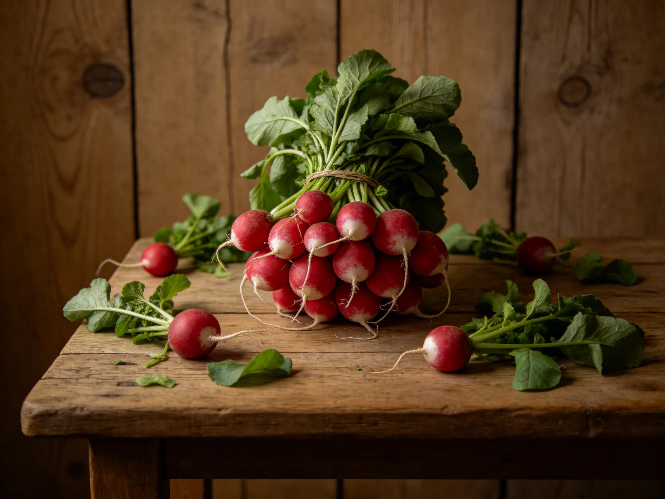 A bundle of fresh red radishes with green leaves on a rustic wooden table