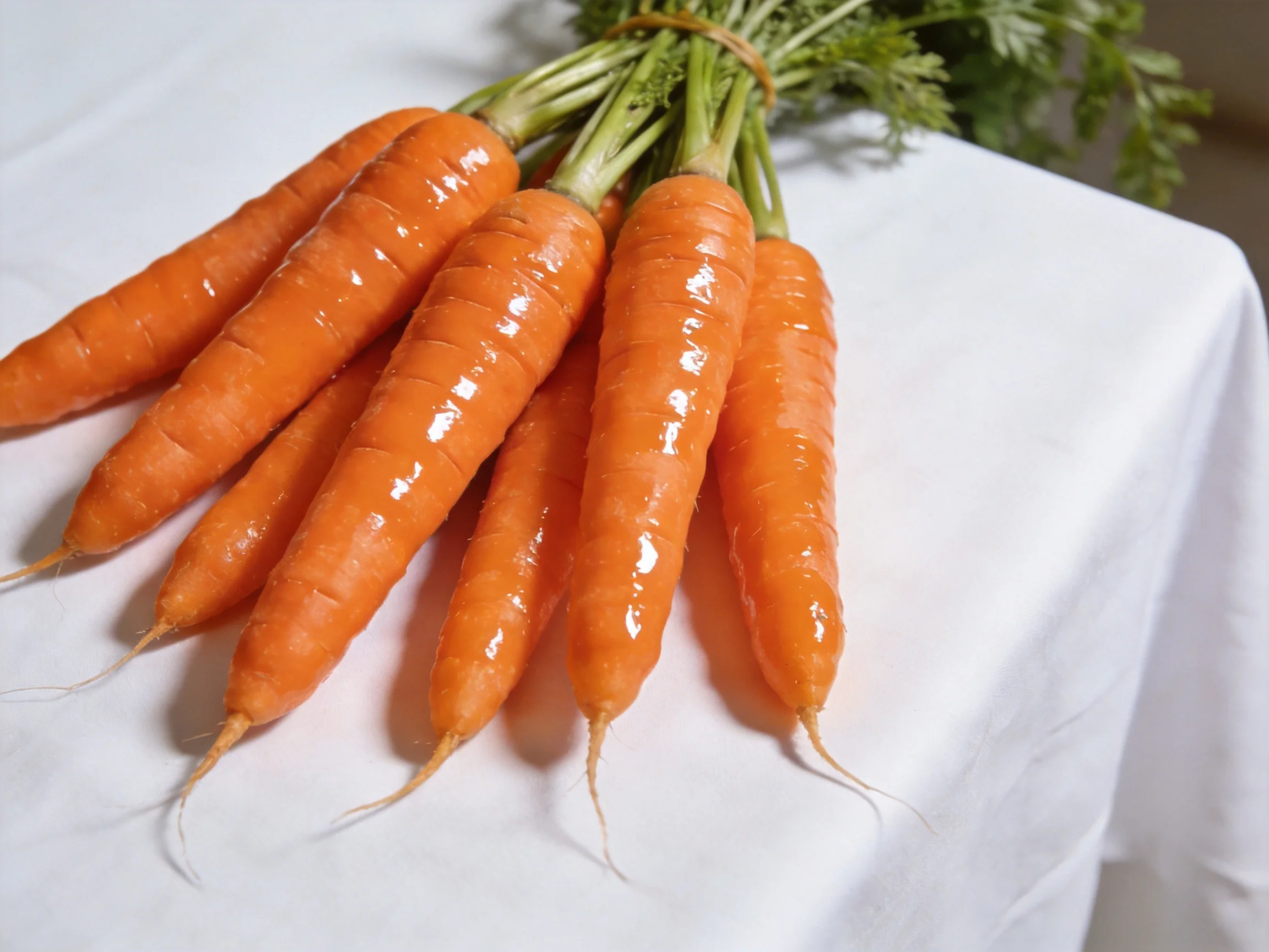 A bundle of fresh, vibrant orange carrots with green tops on a white cloth