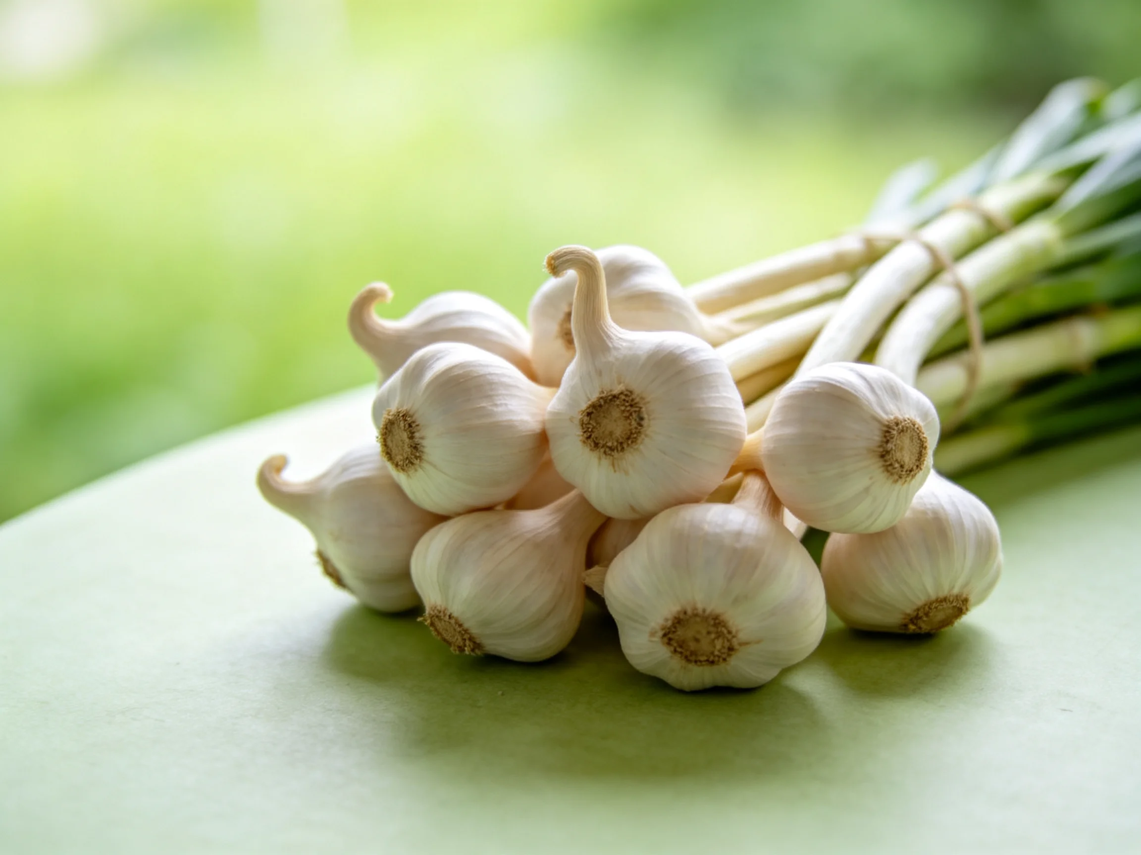 A bundle of fresh white garlic bulbs with green stems on a light surface
