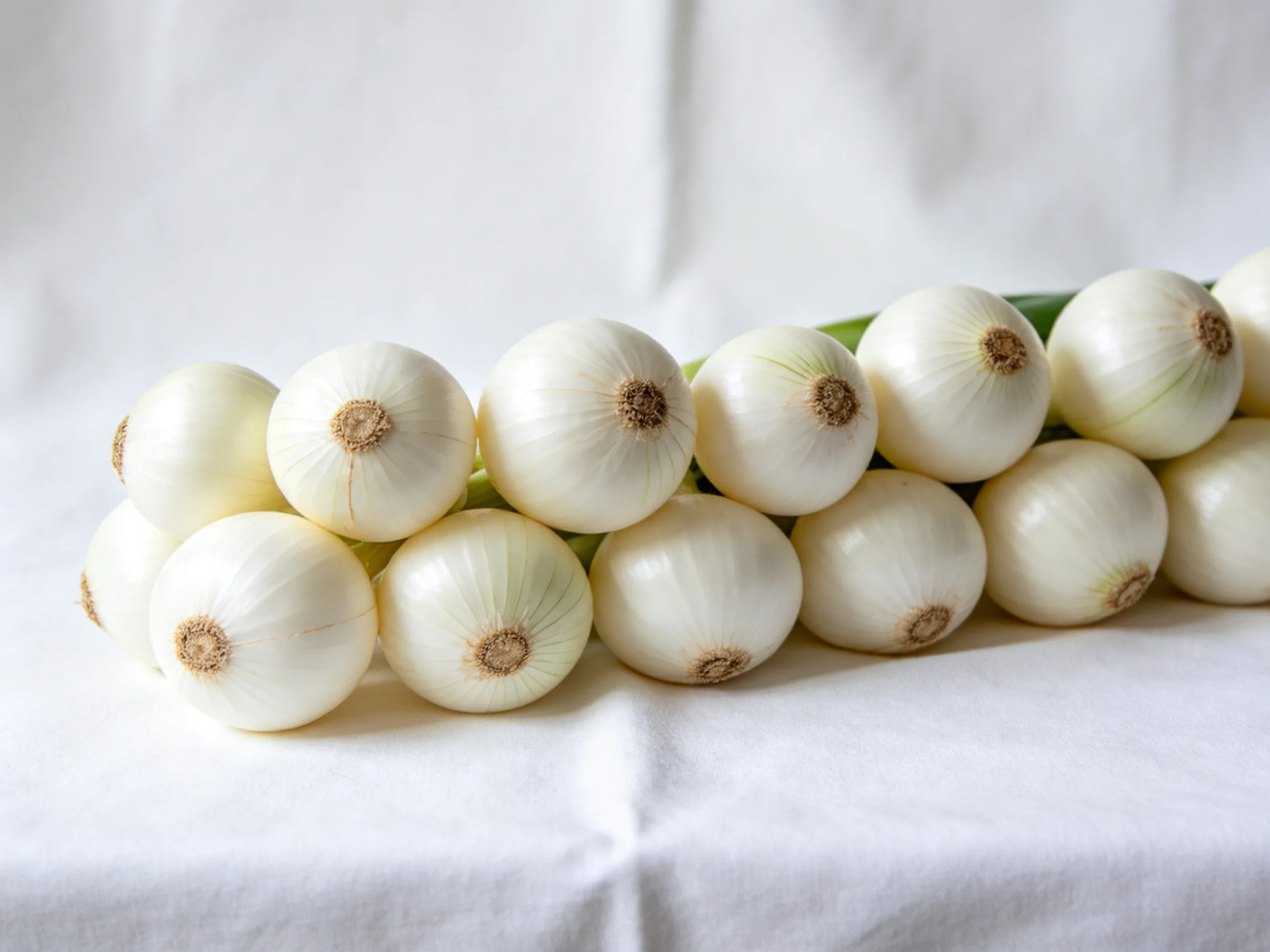A bundle of fresh white onions arranged horizontally on a plain white cloth