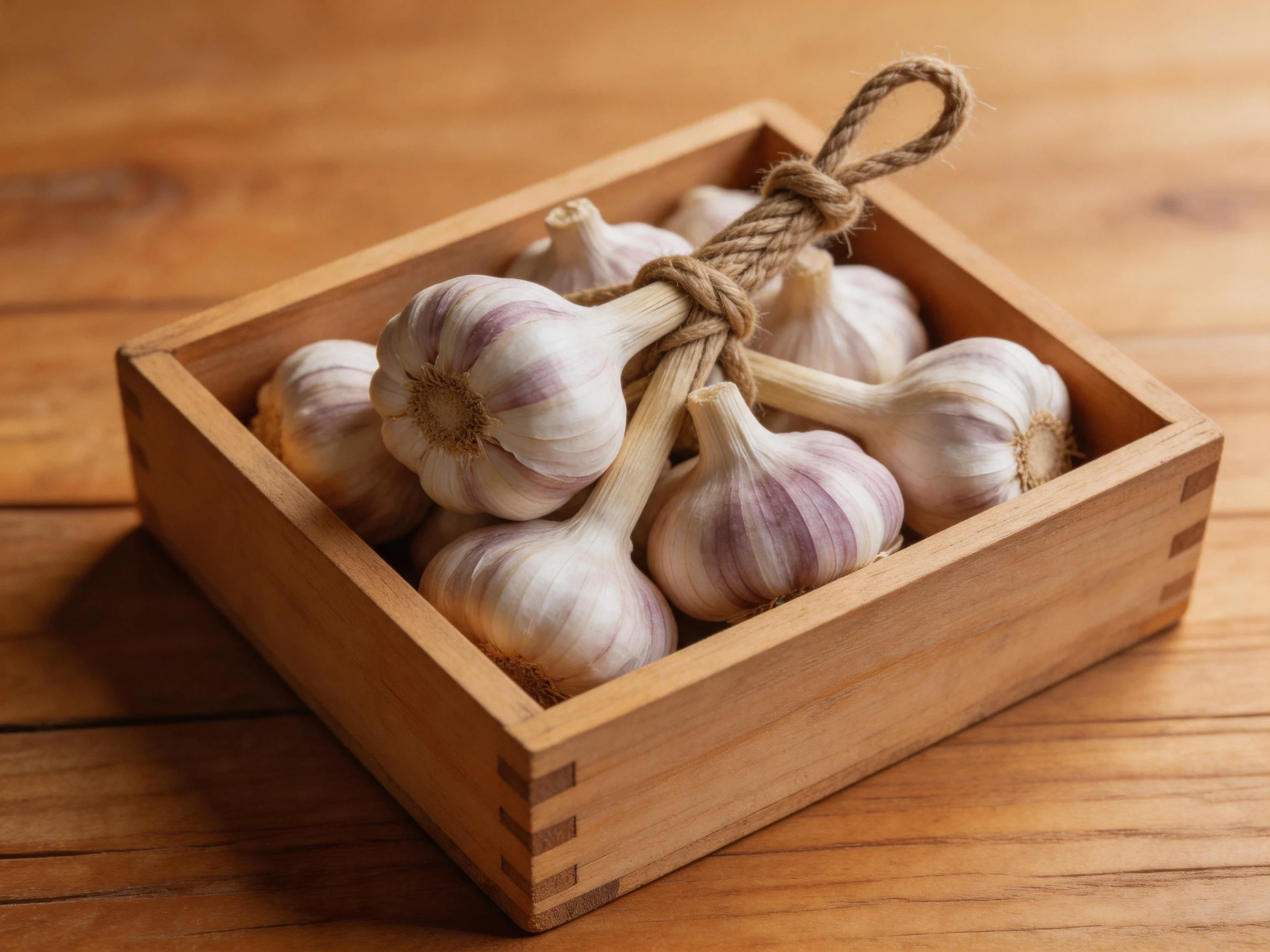 A bundle of garlic bulbs tied with twine in a wooden crate