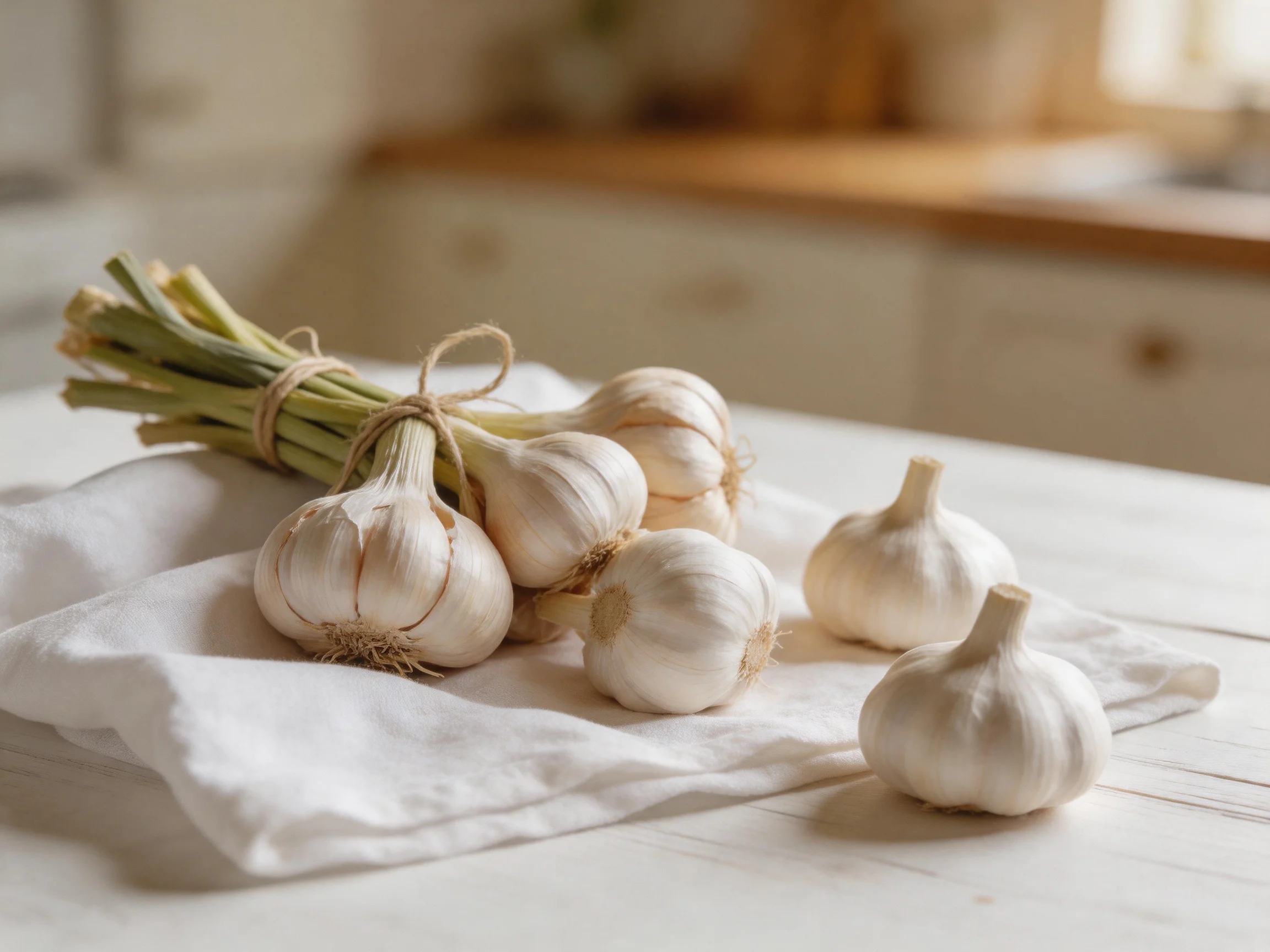 A bundle of garlic bulbs tied with twine on a white cloth in a kitchen