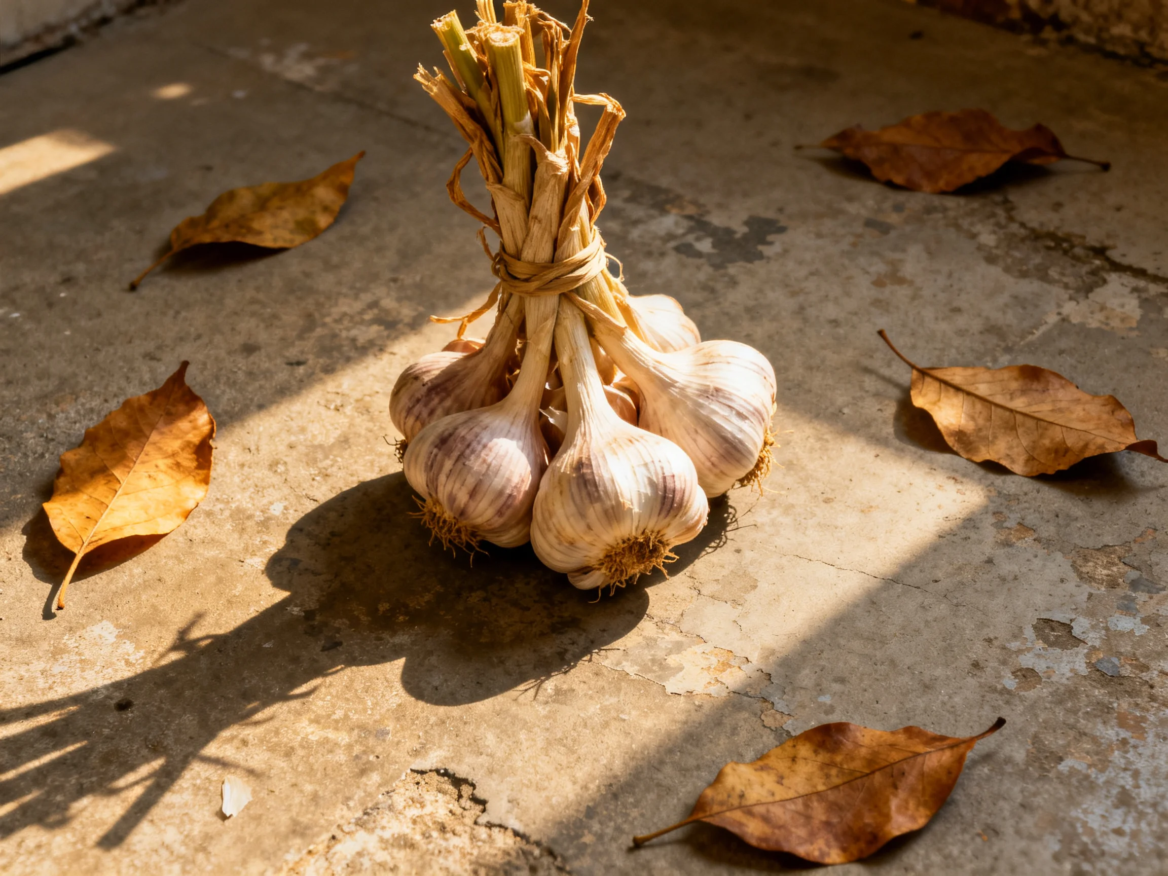 A bundle of garlic bulbs with dry leaves on a weathered concrete surface
