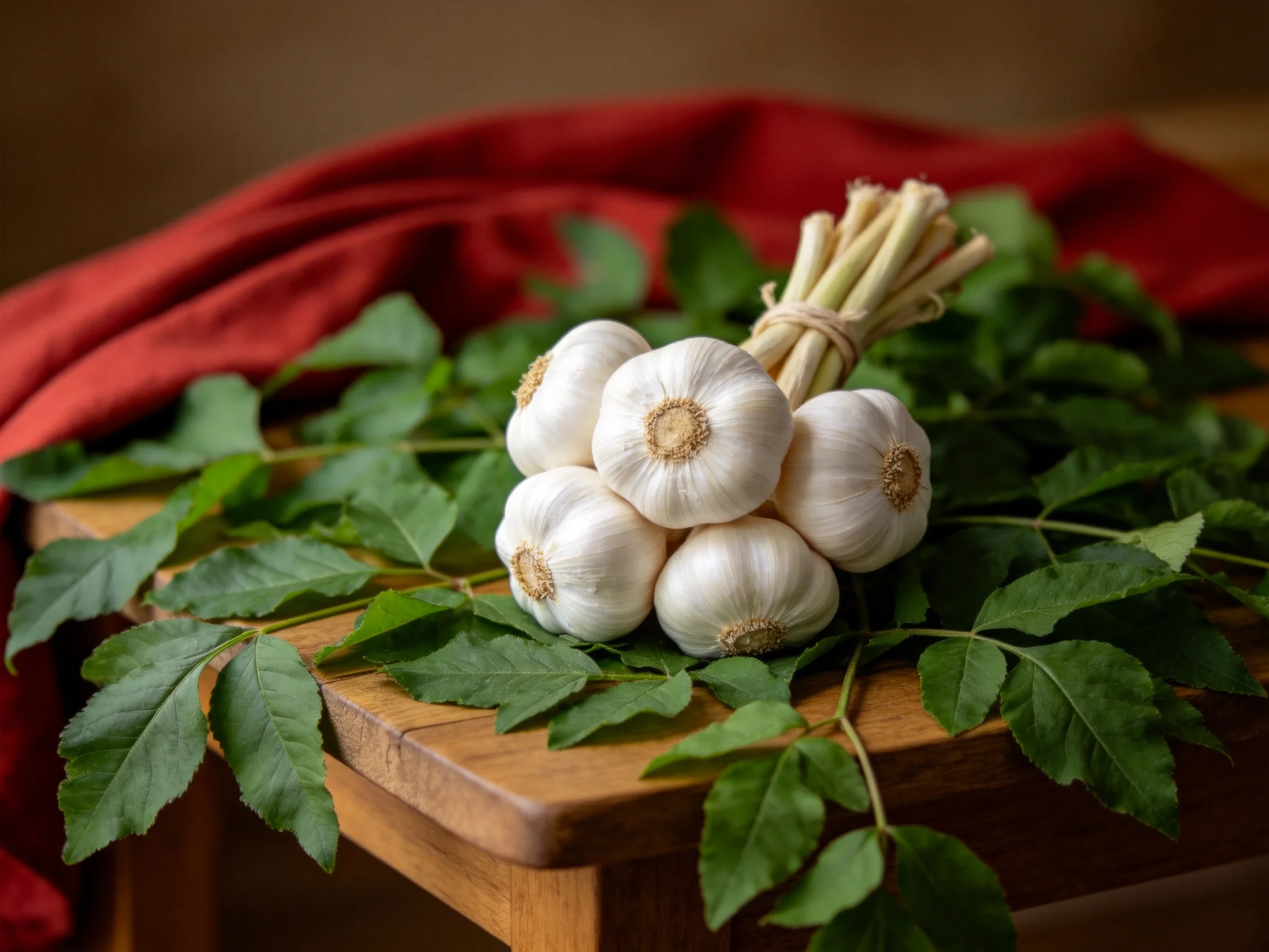 A bundle of garlic bulbs with fresh green leaves on a wooden surface with a red cloth