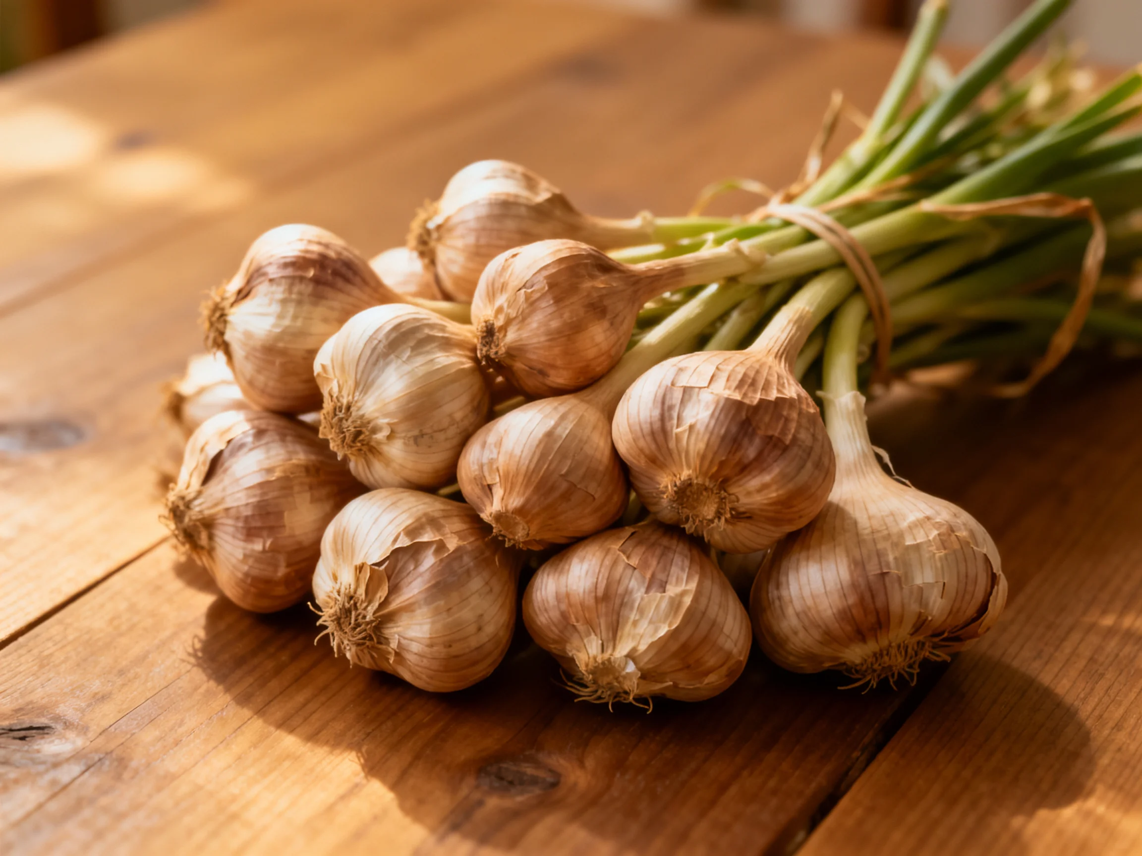 A bundle of garlic bulbs with green stems on a wooden table