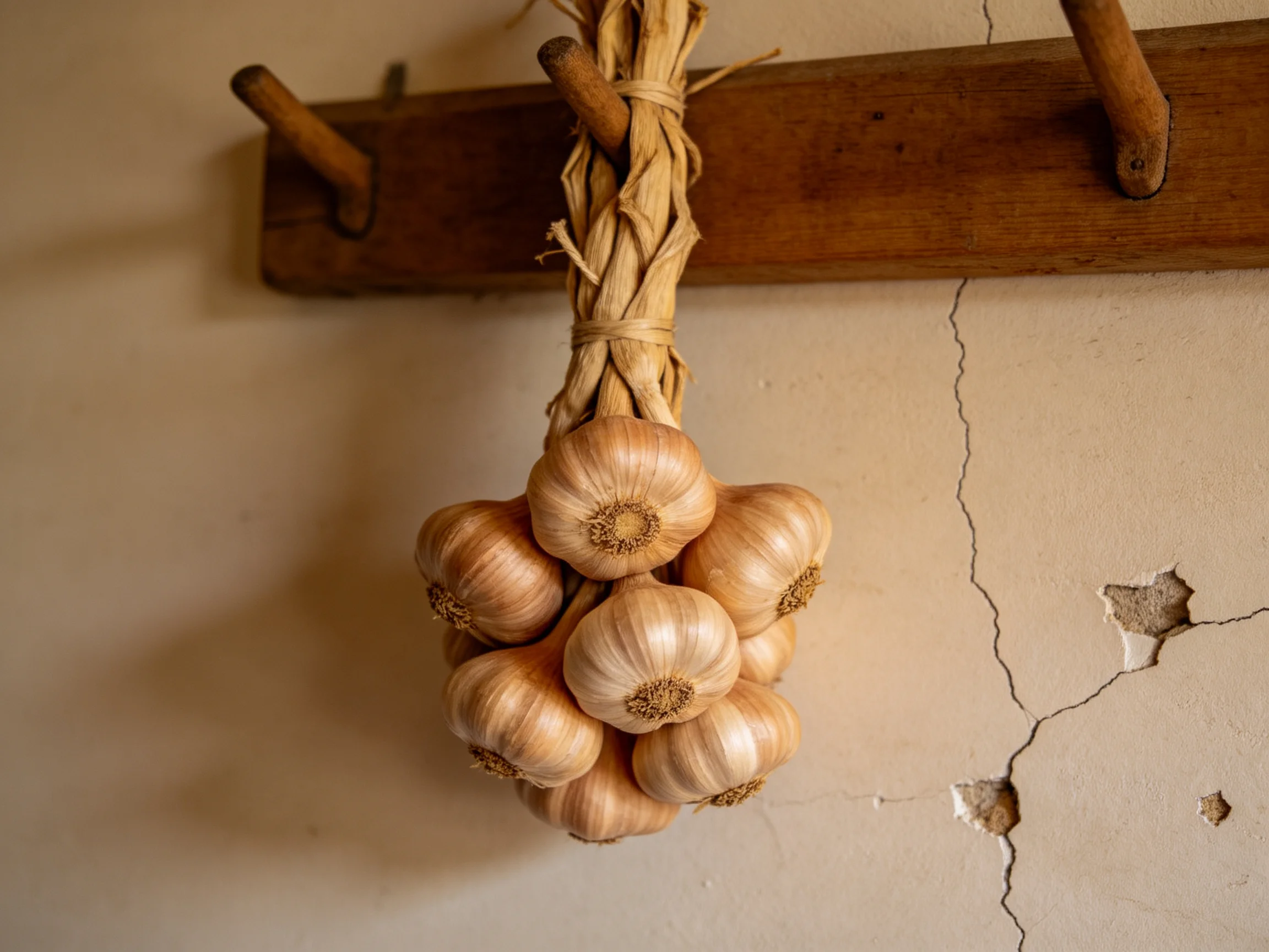 A bundle of garlic hangs from a wooden rack on a cracked wall